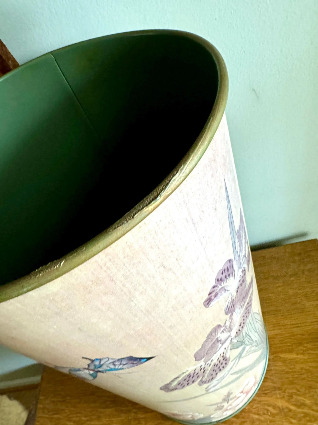 A Vintage Metal Trash Can With Asian Design | Green and Pink Charles Keller Asian Floral Trash Bin | Asian Metal Umbrella Stand