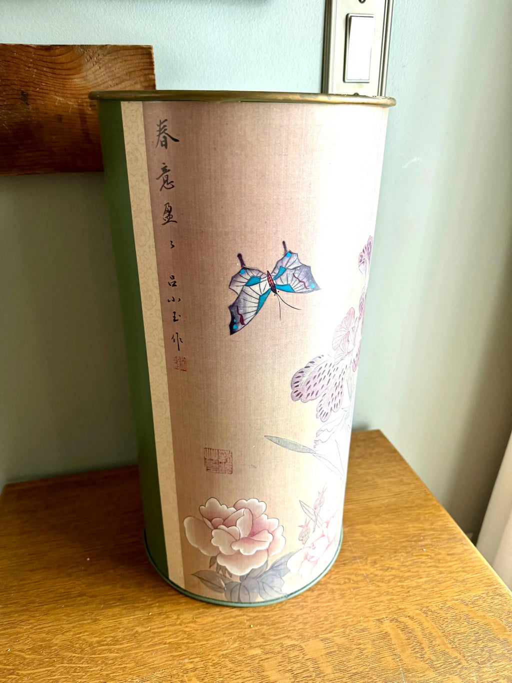 A Vintage Metal Trash Can With Asian Design | Green and Pink Charles Keller Asian Floral Trash Bin | Asian Metal Umbrella Stand
