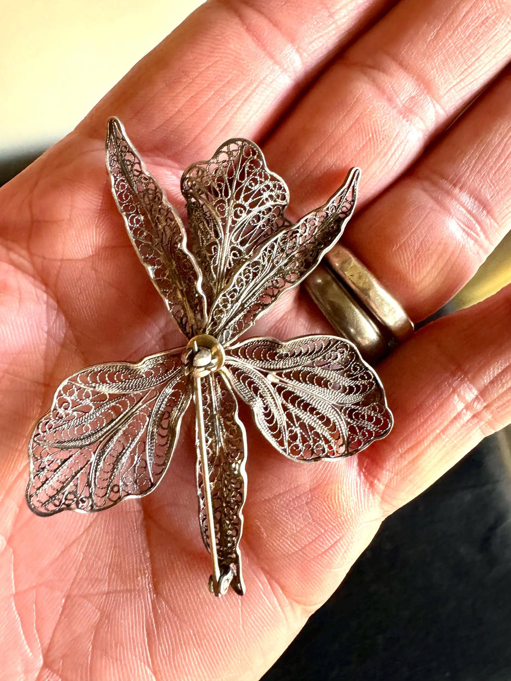 An Antique Silver Filigree Flower Brooch | Italian Silver Filigree Orchid Pin Brooch | Antique Victorian Silver Filigree Floral Brooch Pin