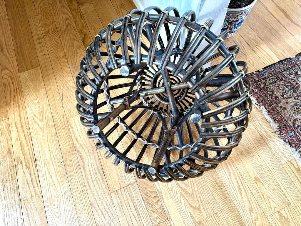 Vintage Franco Albini Style Wicker Ottoman | Albini Style Rattan End Table | MCM Boho Rattan Ottoman | Stained Bamboo Round End Table