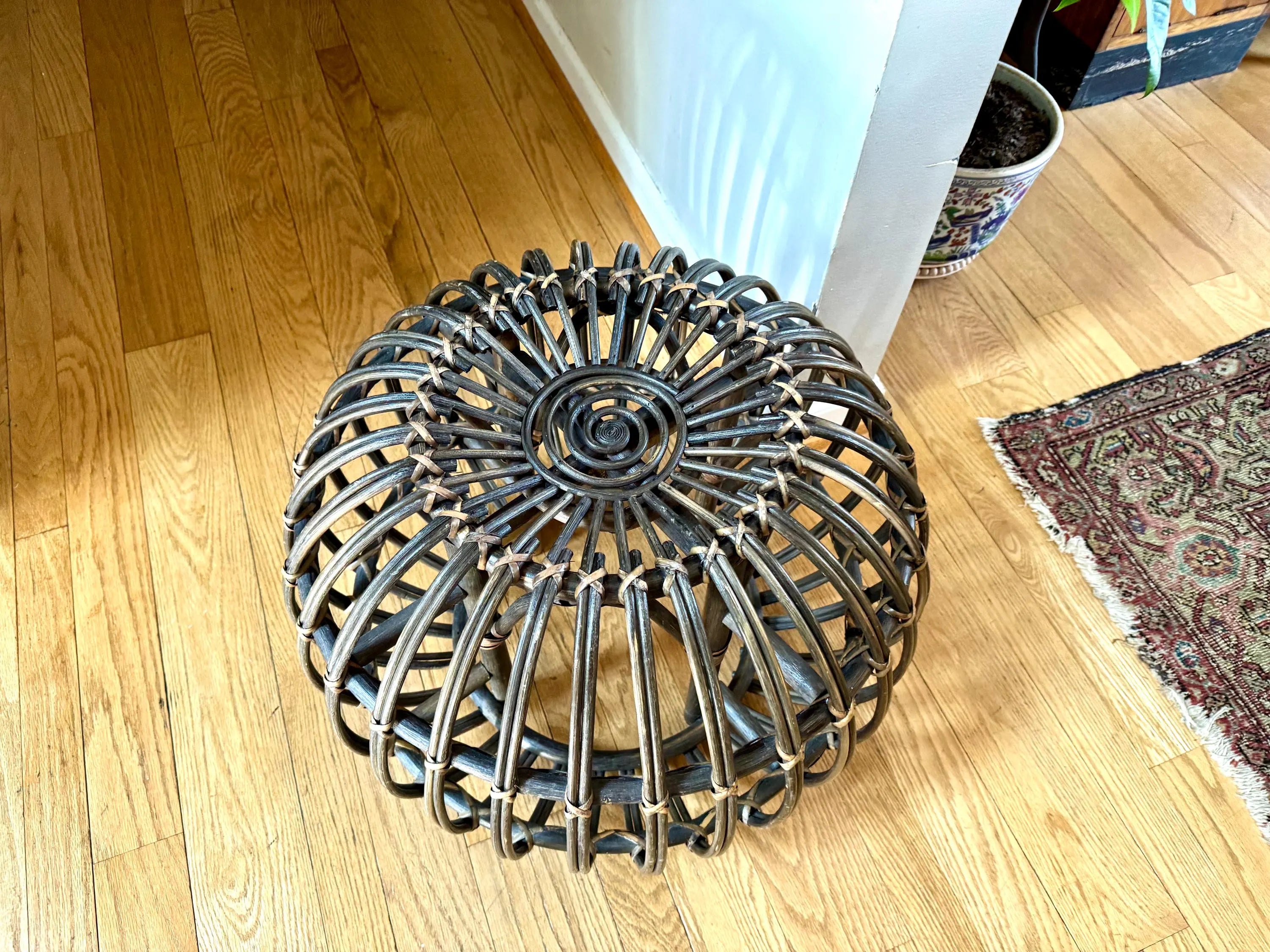 Vintage Franco Albini Style Wicker Ottoman | Albini Style Rattan End Table | MCM Boho Rattan Ottoman | Stained Bamboo Round End Table