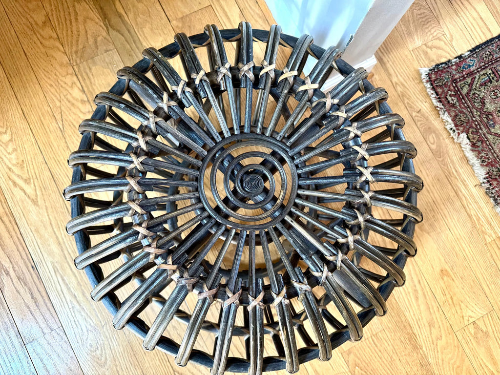 Vintage Franco Albini Style Wicker Ottoman | Albini Style Rattan End Table | MCM Boho Rattan Ottoman | Stained Bamboo Round End Table