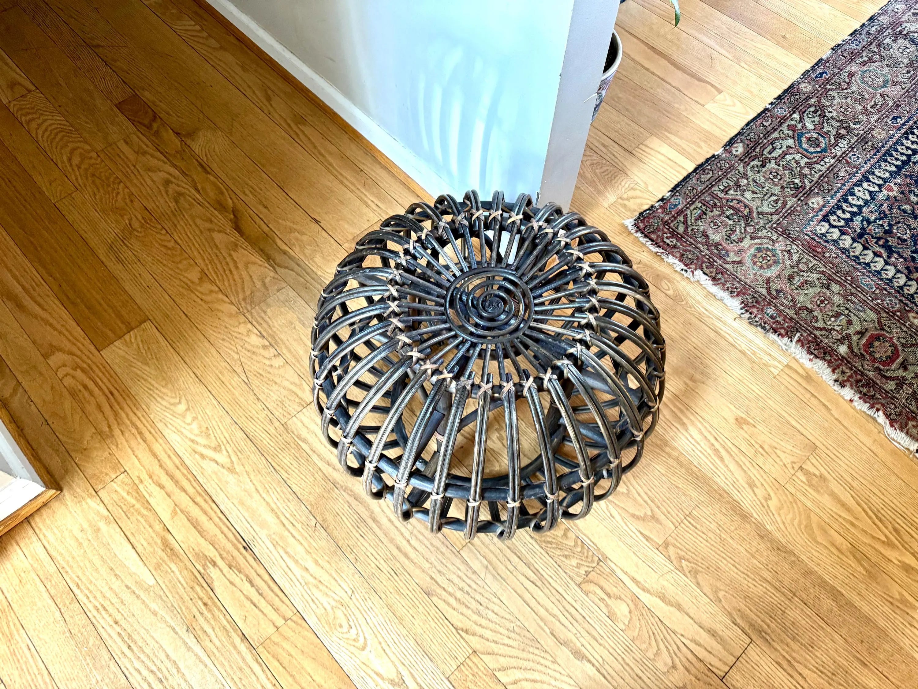 Vintage Franco Albini Style Wicker Ottoman | Albini Style Rattan End Table | MCM Boho Rattan Ottoman | Stained Bamboo Round End Table