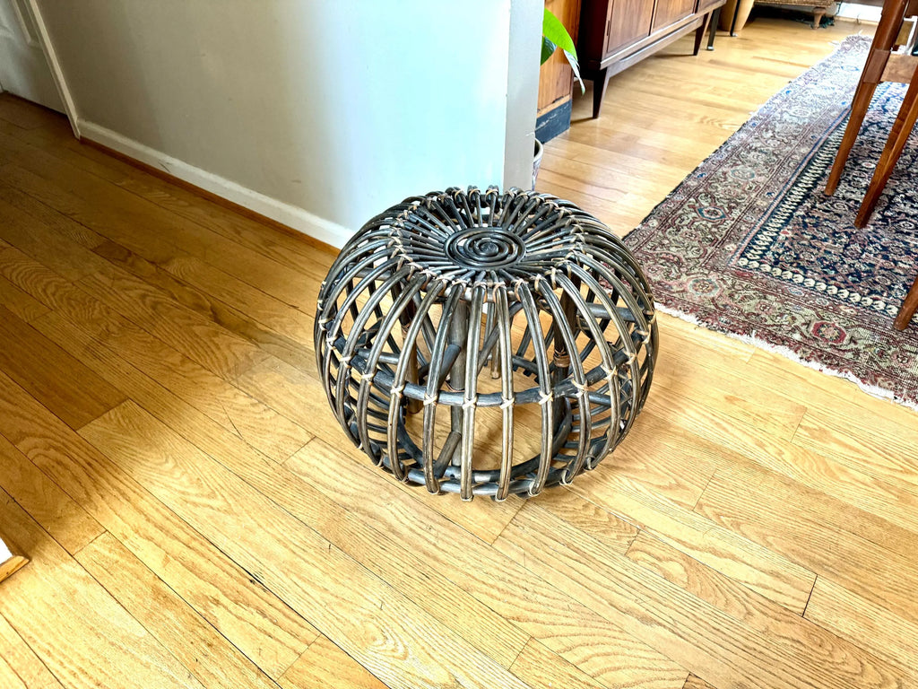 Vintage Franco Albini Style Wicker Ottoman | Albini Style Rattan End Table | MCM Boho Rattan Ottoman | Stained Bamboo Round End Table