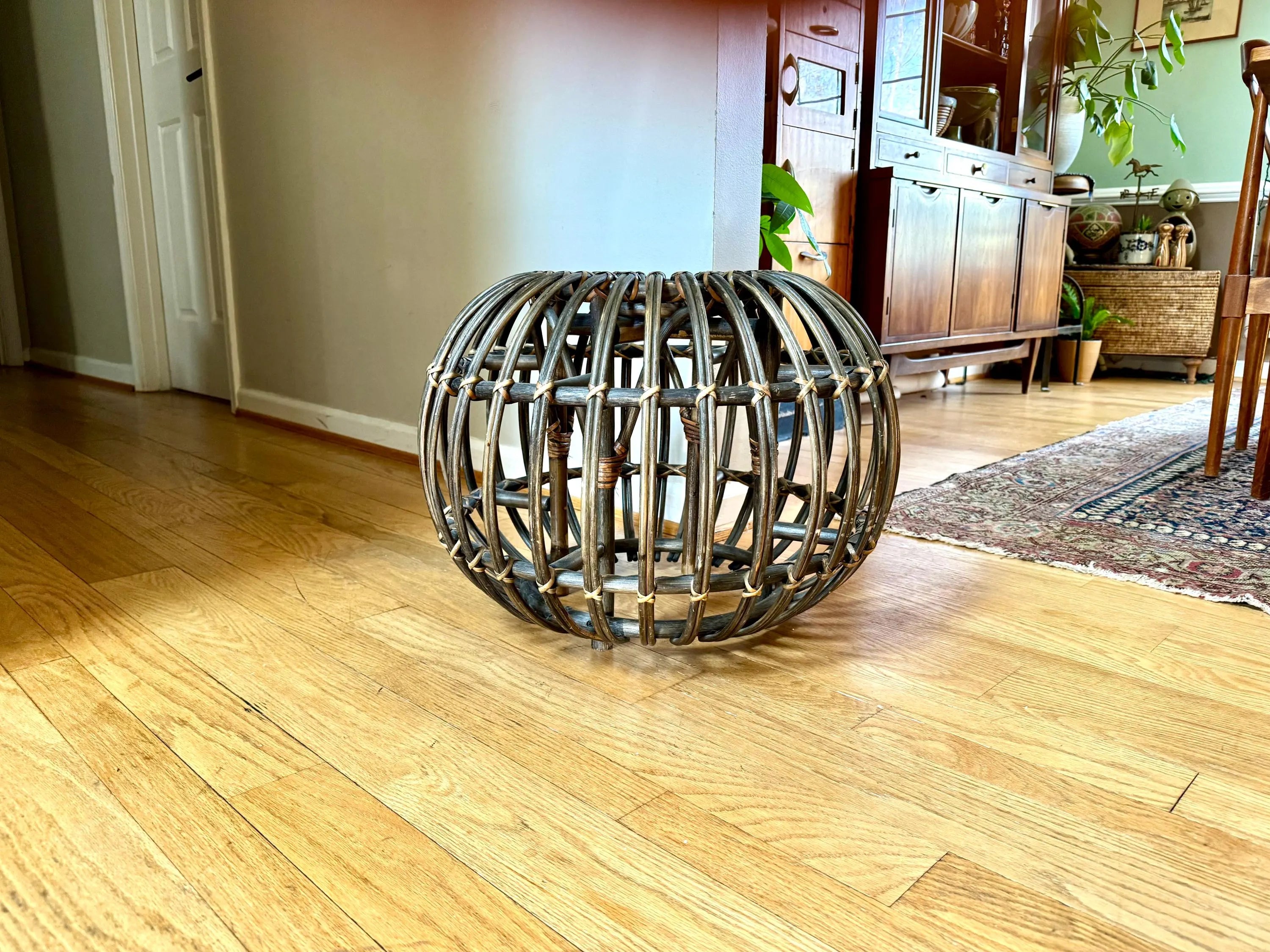 Vintage Franco Albini Style Wicker Ottoman | Albini Style Rattan End Table | MCM Boho Rattan Ottoman | Stained Bamboo Round End Table