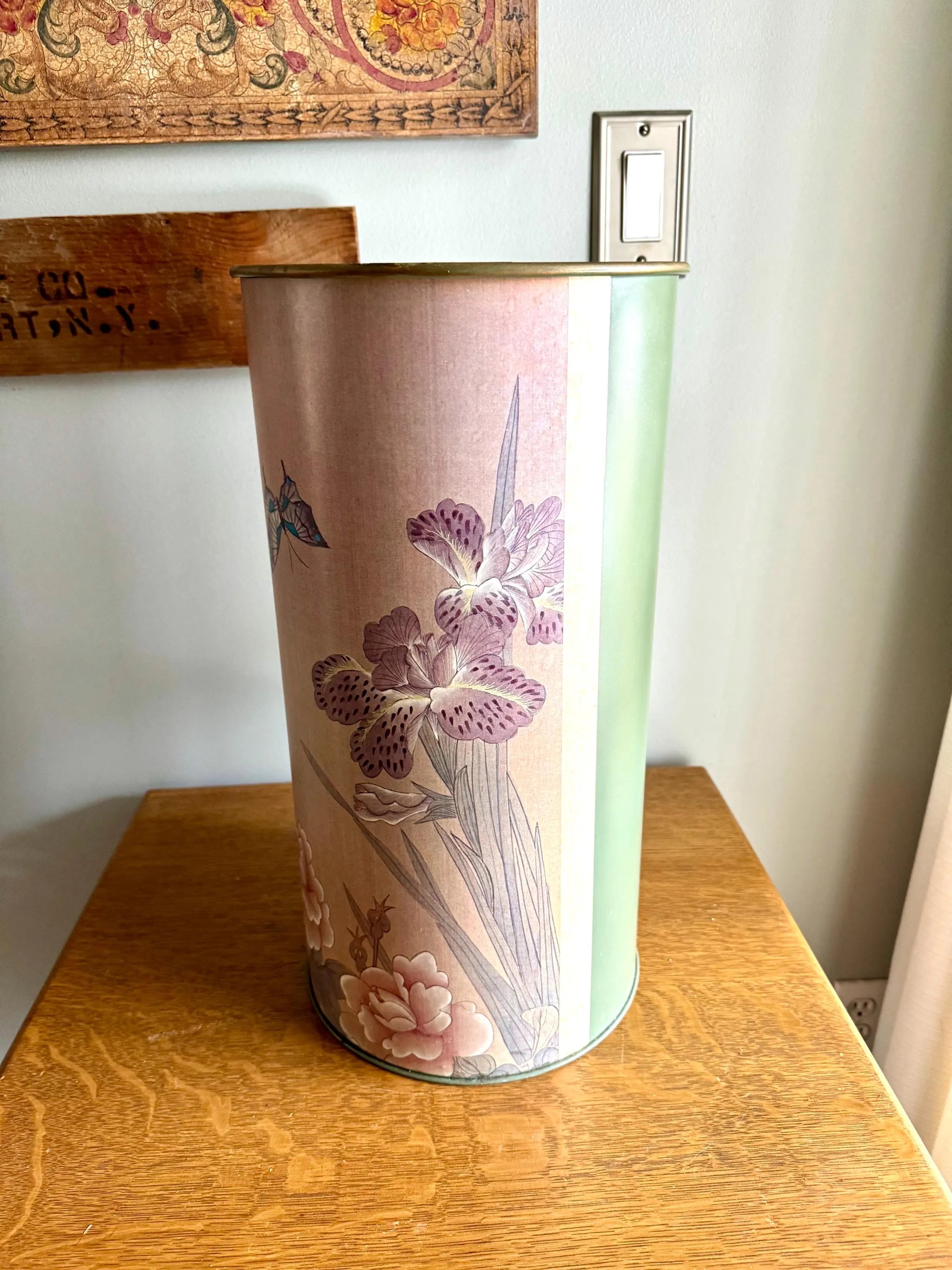 A Vintage Metal Trash Can With Asian Design | Green and Pink Charles Keller Asian Floral Trash Bin | Asian Metal Umbrella Stand