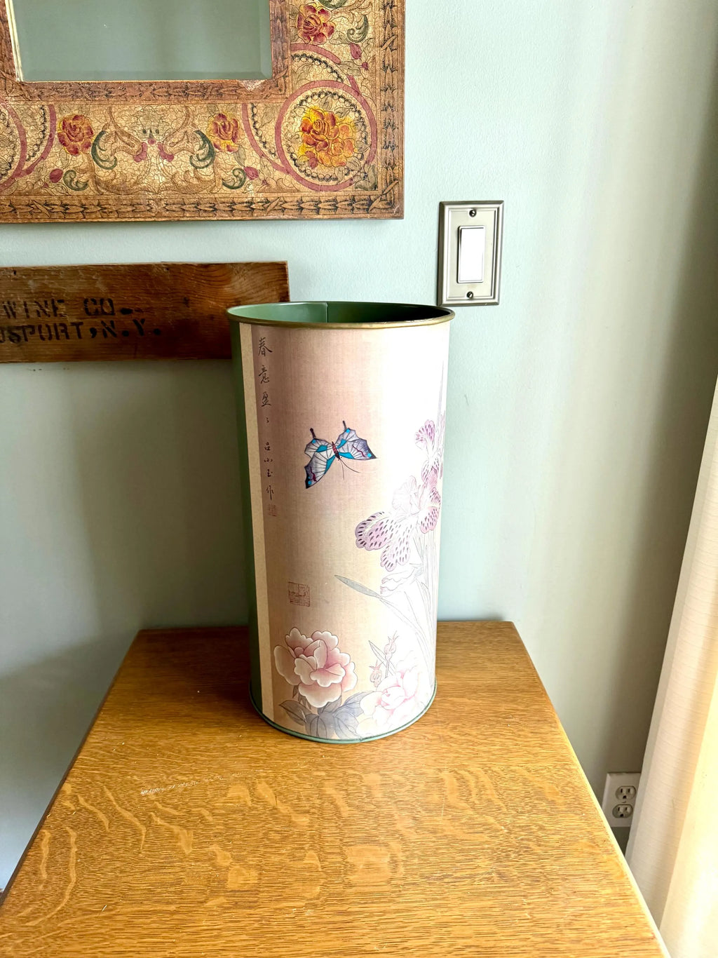 A Vintage Metal Trash Can With Asian Design | Green and Pink Charles Keller Asian Floral Trash Bin | Asian Metal Umbrella Stand