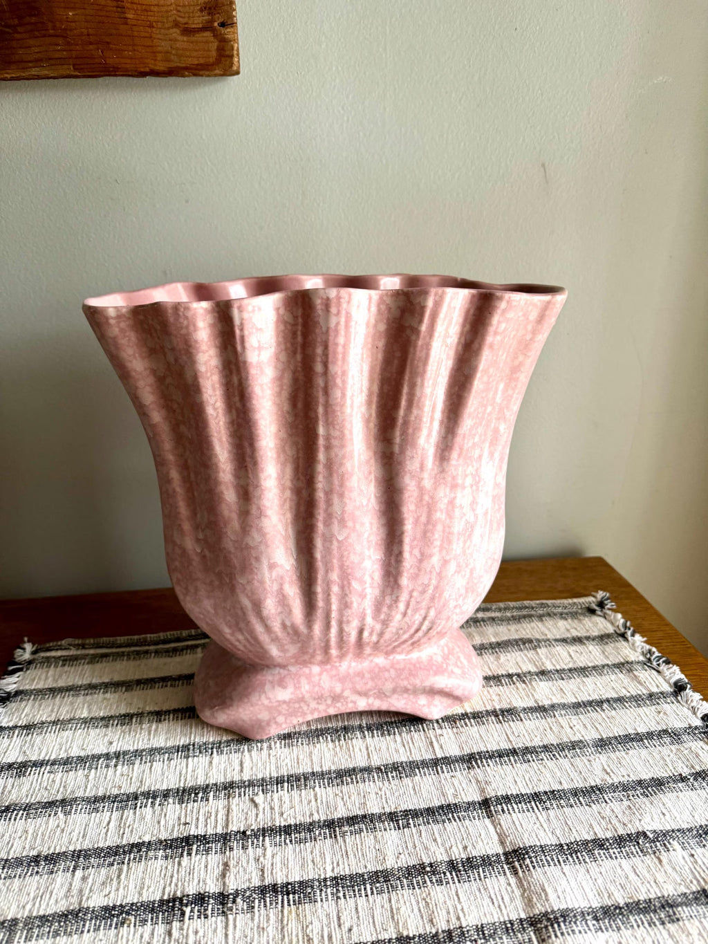 Large Pink Art Deco Ceramic Vase | White and Pink Speckled Vase | Large Wide Opening Ceramic Vessel