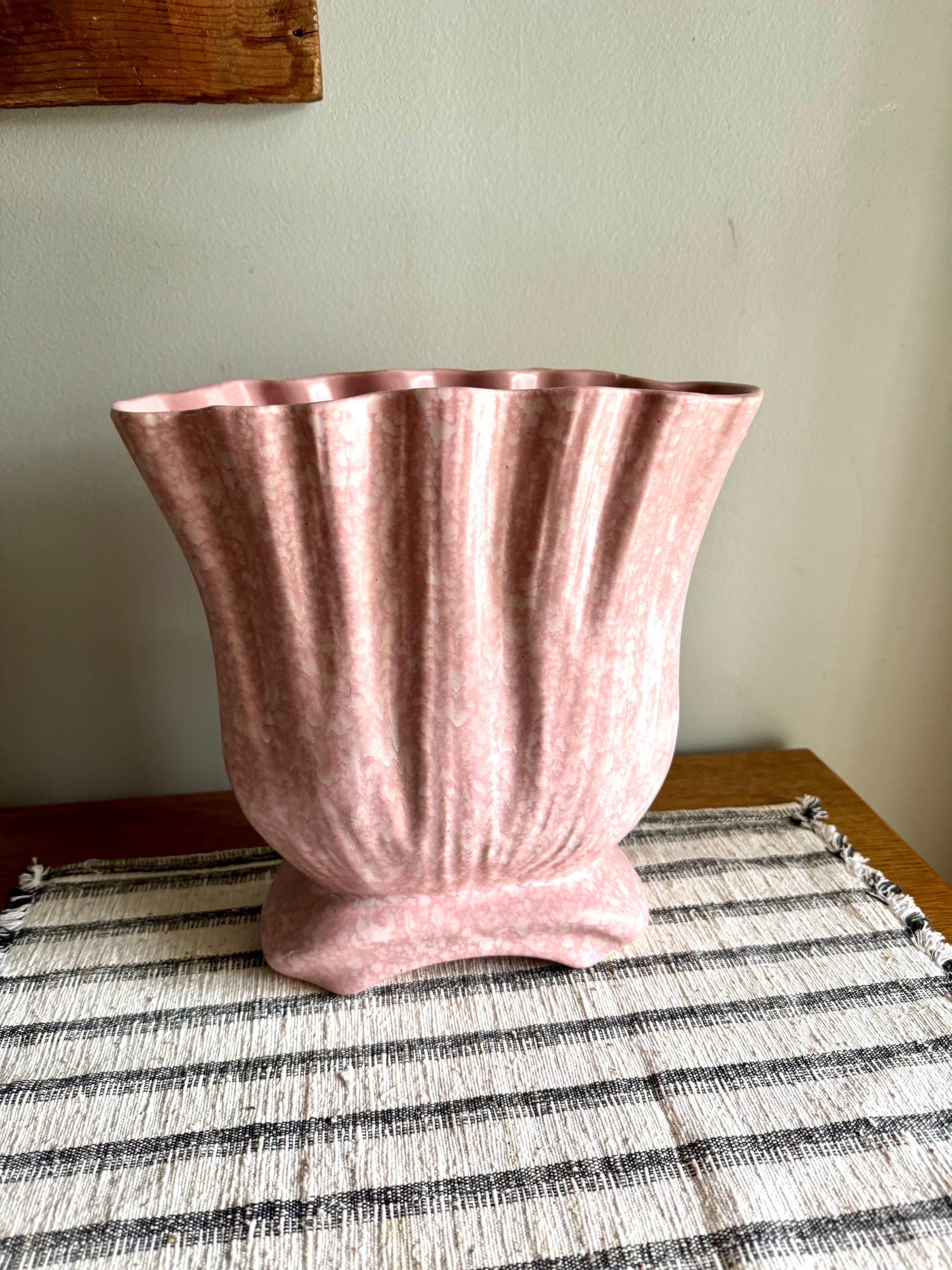 Large Pink Art Deco Ceramic Vase | White and Pink Speckled Vase | Large Wide Opening Ceramic Vessel