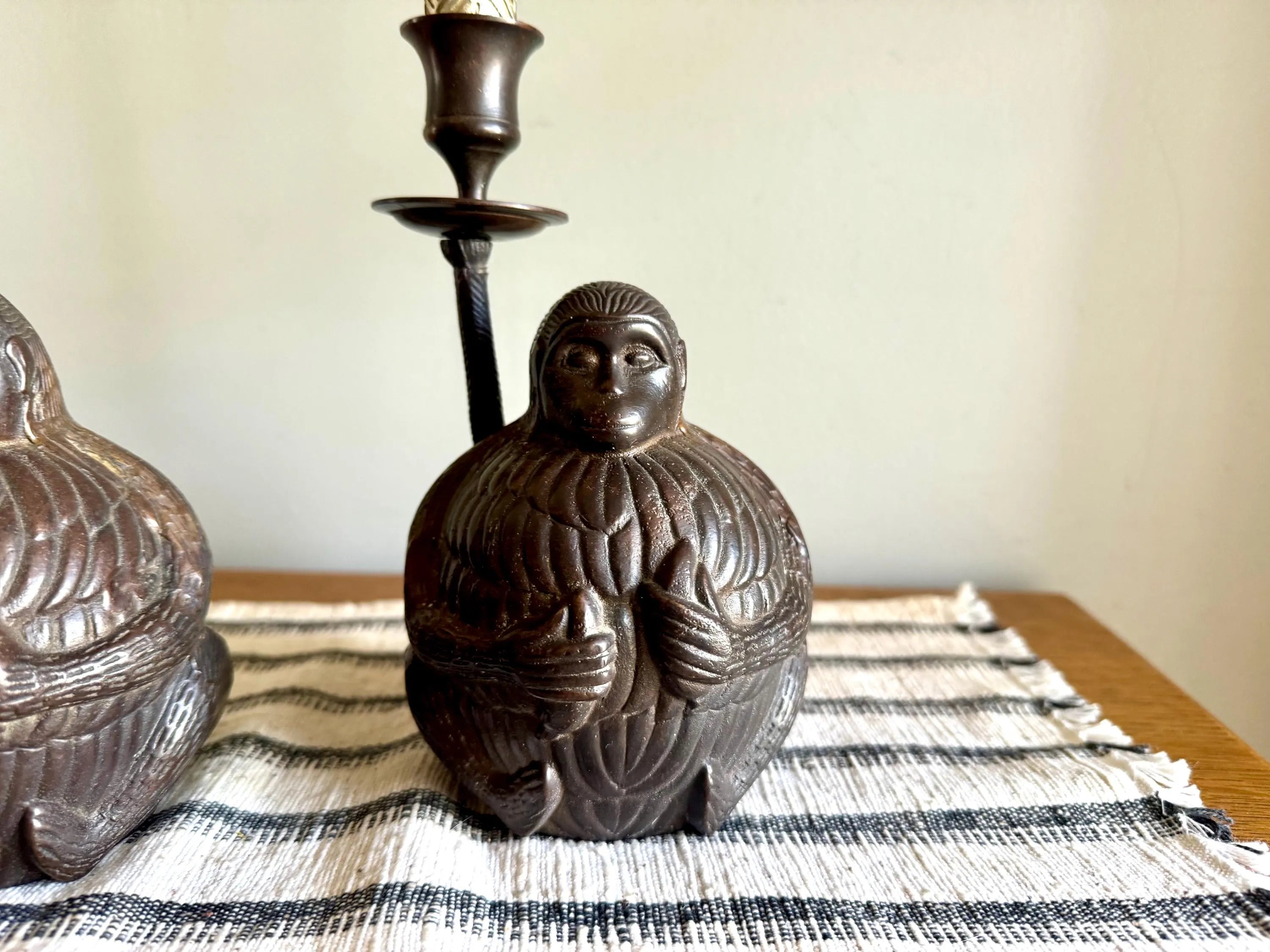 A Pair of Bronze Monkey Candlestick Holders | Asian Influenced Monkey Candle Holders | Monkey Holding Bananas Candlestick Holders