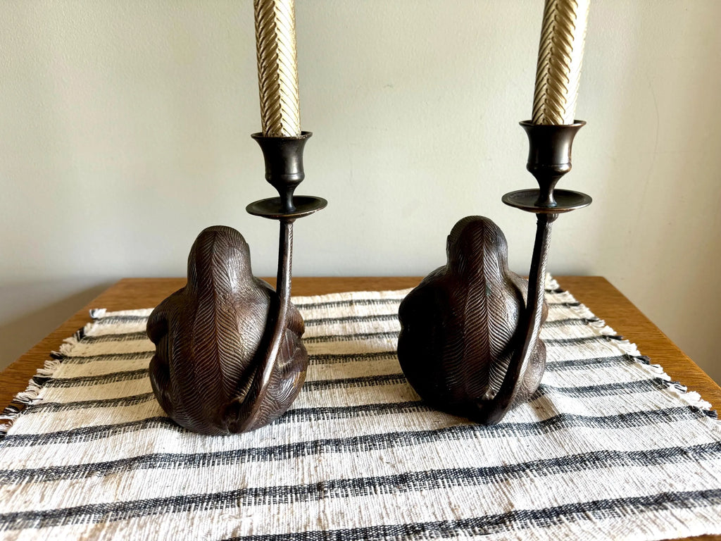 A Pair of Bronze Monkey Candlestick Holders | Asian Influenced Monkey Candle Holders | Monkey Holding Bananas Candlestick Holders
