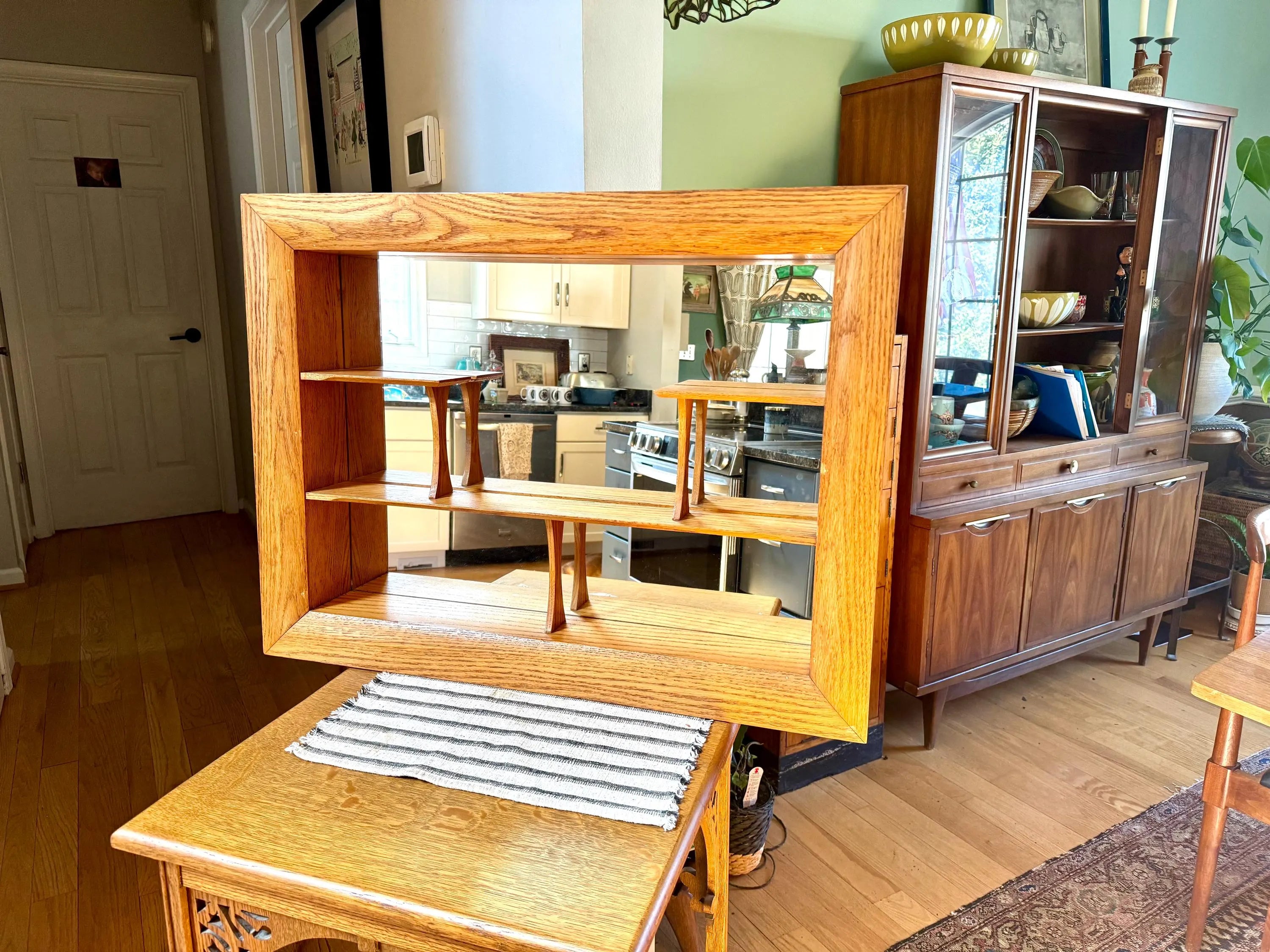 MCM Wall Shadow Box | Mid Century Modern Wall Mirror Shelf | Curiosity Shelving | Wood Wall Shelving With Mirror | Wood Mirror Shelf