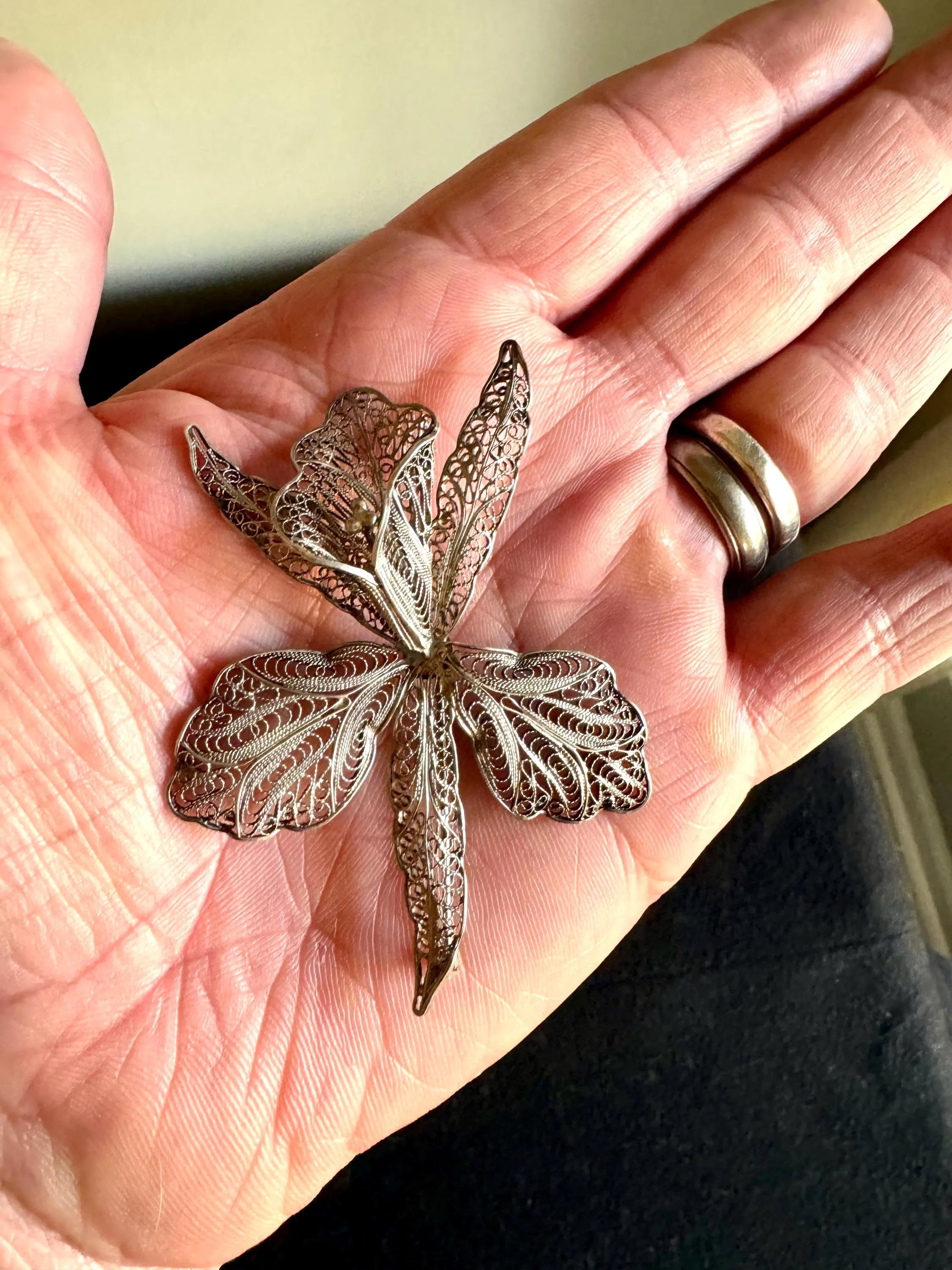 An Antique Silver Filigree Flower Brooch | Italian Silver Filigree Orchid Pin Brooch | Antique Victorian Silver Filigree Floral Brooch Pin