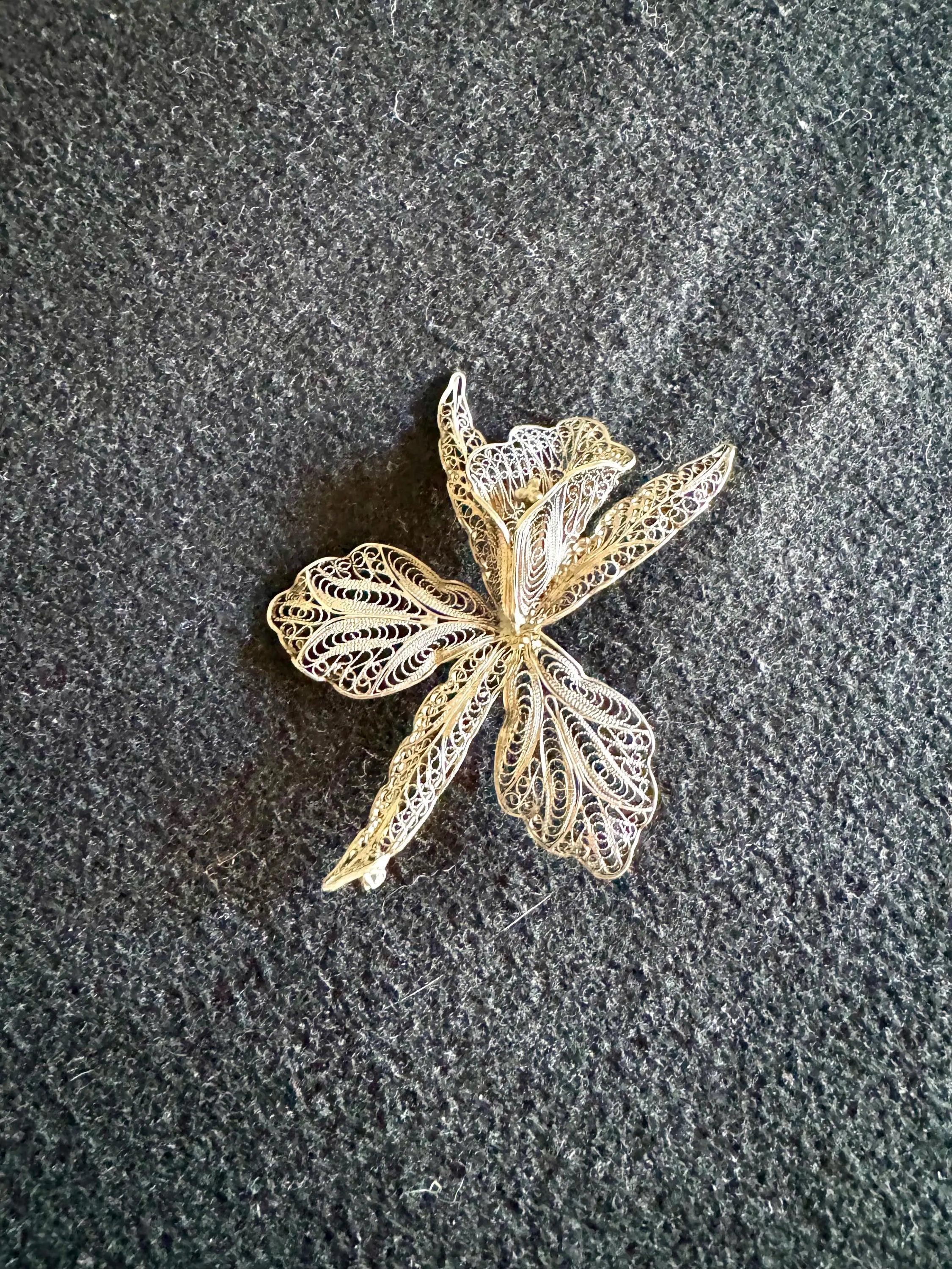 An Antique Silver Filigree Flower Brooch | Italian Silver Filigree Orchid Pin Brooch | Antique Victorian Silver Filigree Floral Brooch Pin