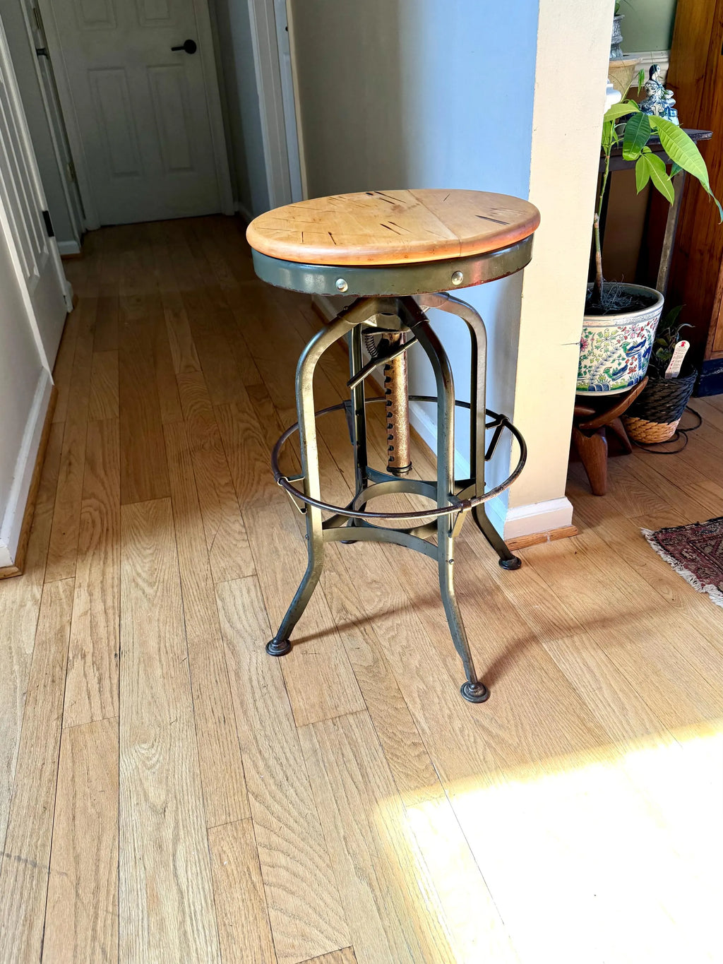 Industrial Toledo Metal Stool | Vintage Adjustable Metal Stool With Wood Top | Industrial Factory Stool | Green Metal Factory Stool