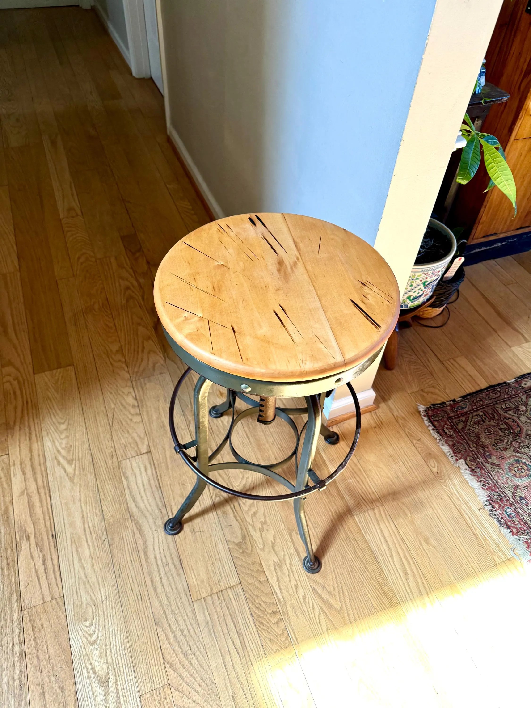 Industrial Toledo Metal Stool | Vintage Adjustable Metal Stool With Wood Top | Industrial Factory Stool | Green Metal Factory Stool