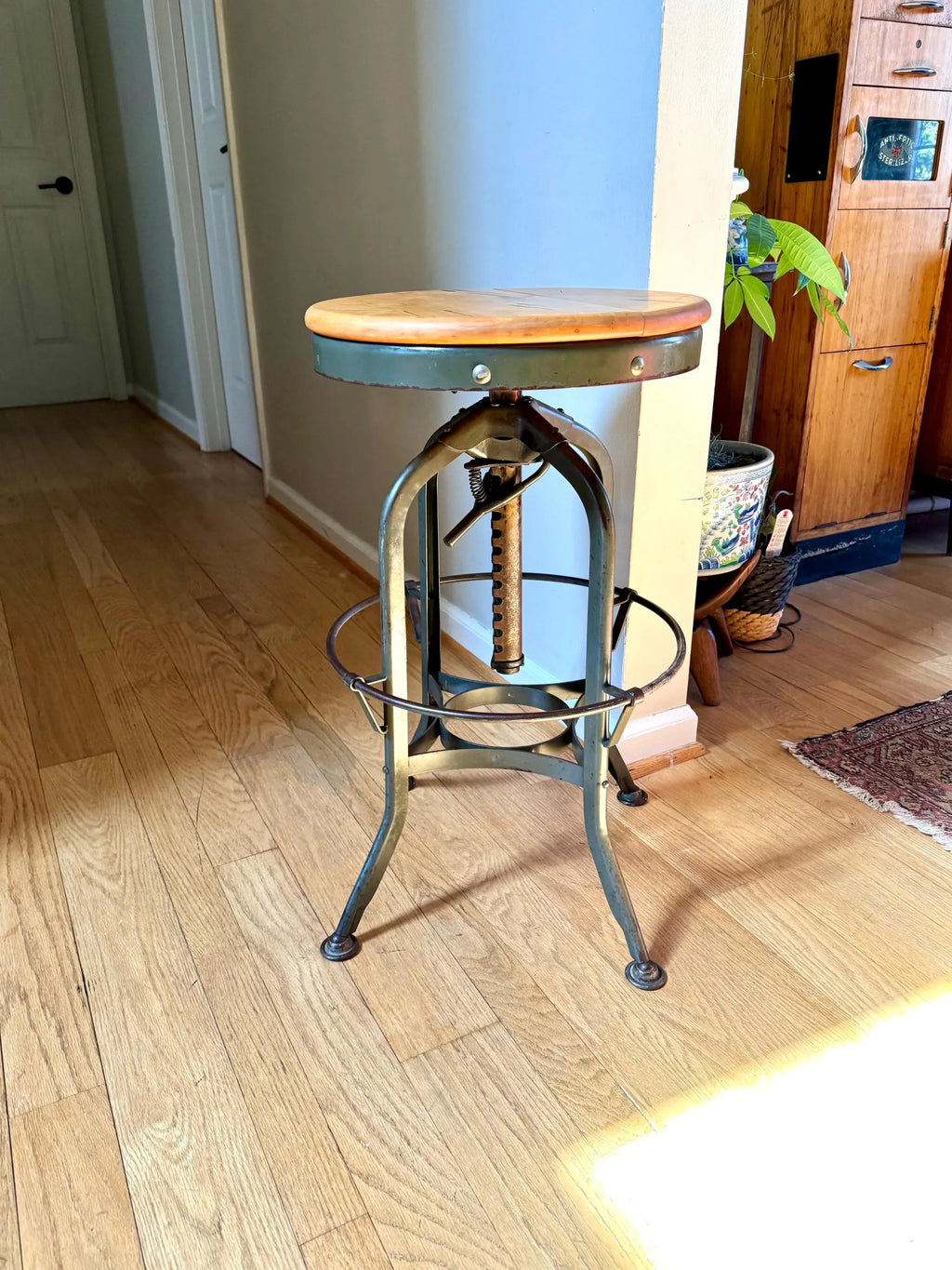 Industrial Toledo Metal Stool | Vintage Adjustable Metal Stool With Wood Top | Industrial Factory Stool | Green Metal Factory Stool