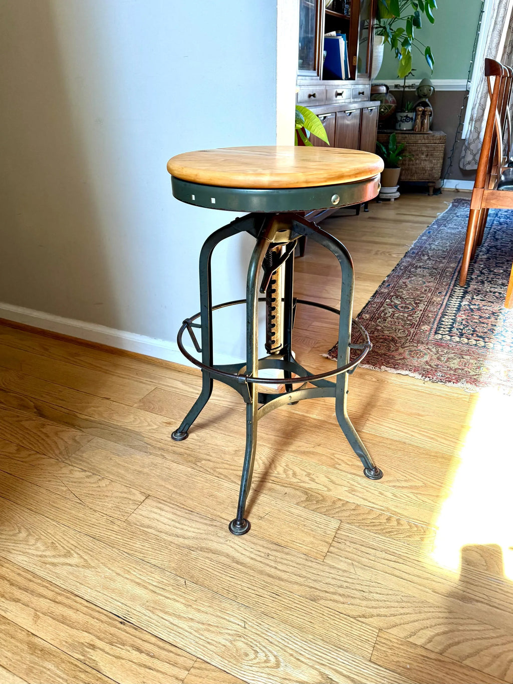 Industrial Toledo Metal Stool | Vintage Adjustable Metal Stool With Wood Top | Industrial Factory Stool | Green Metal Factory Stool