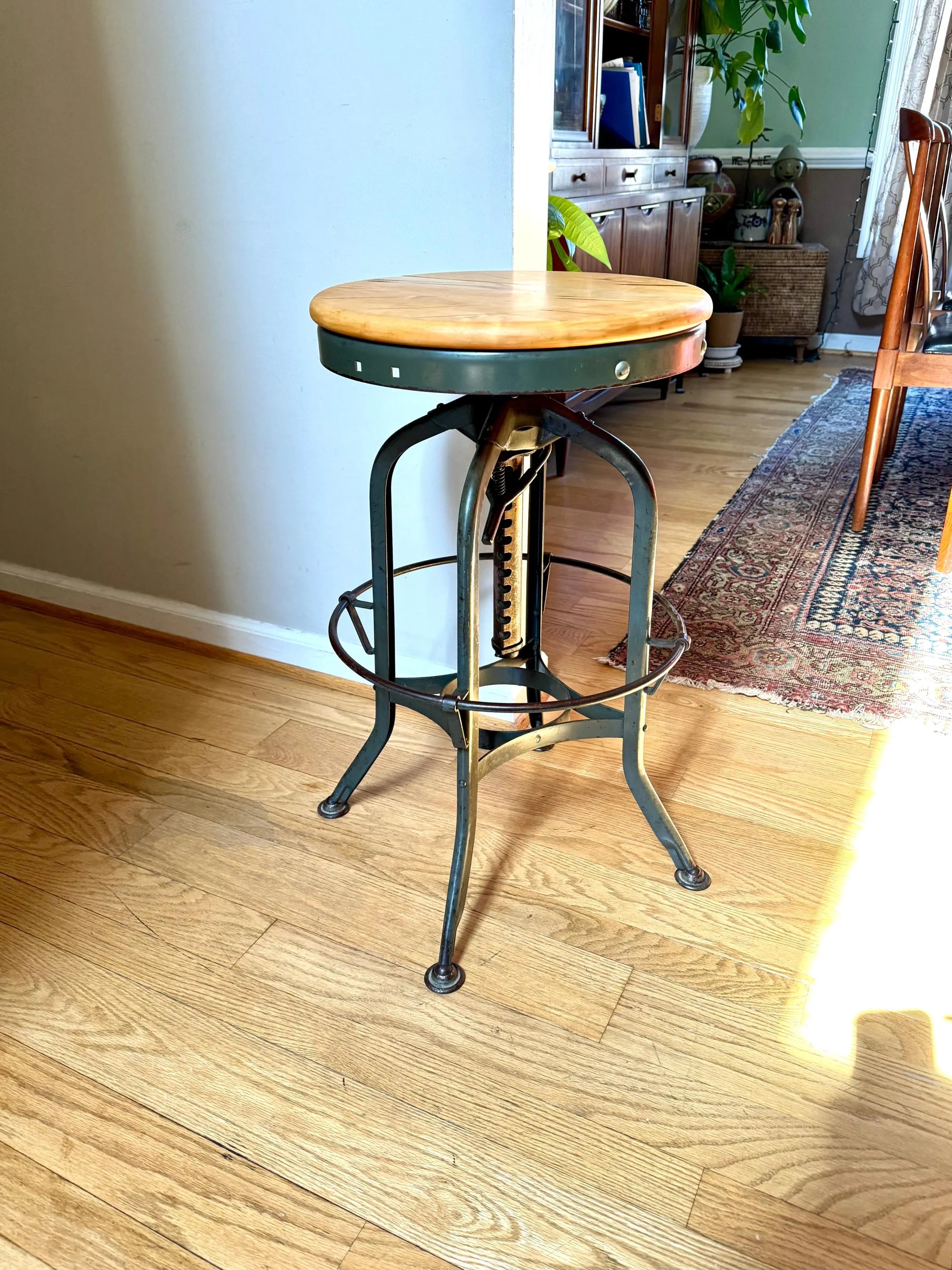 Industrial Toledo Metal Stool | Vintage Adjustable Metal Stool With Wood Top | Industrial Factory Stool | Green Metal Factory Stool
