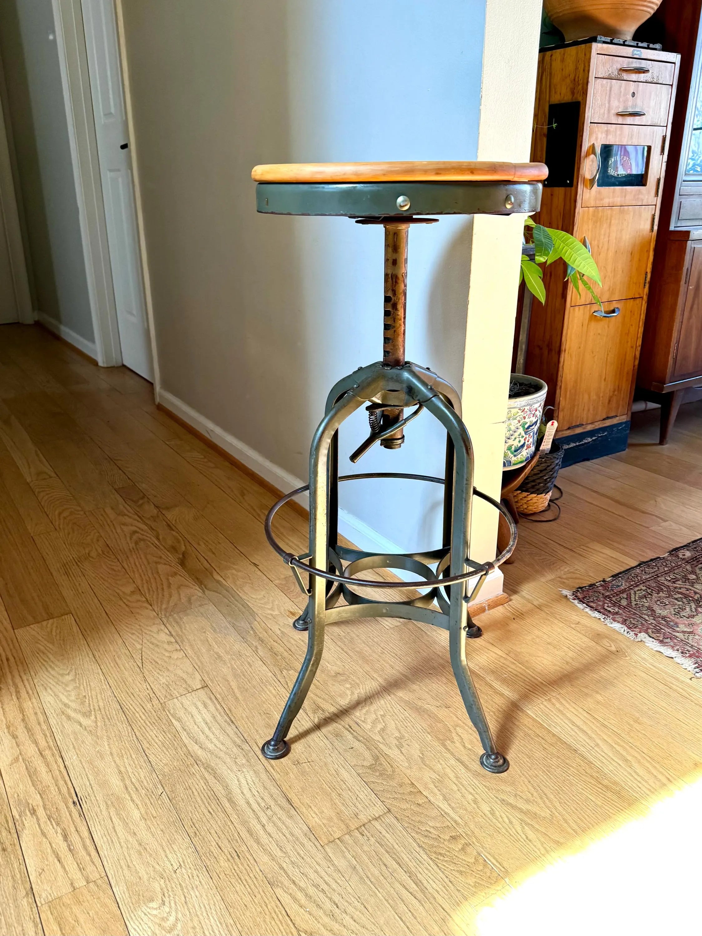 Industrial Toledo Metal Stool | Vintage Adjustable Metal Stool With Wood Top | Industrial Factory Stool | Green Metal Factory Stool