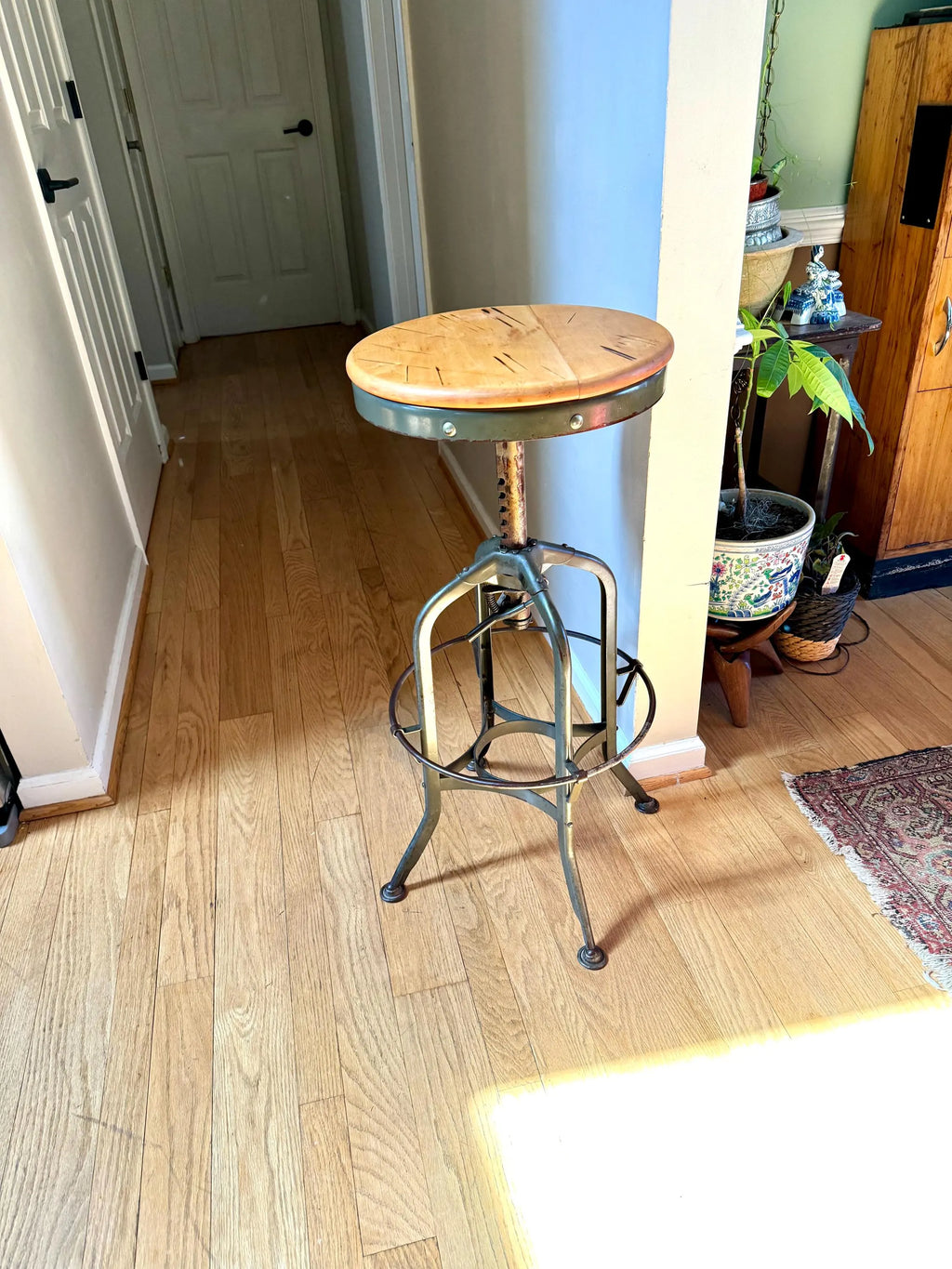 Industrial Toledo Metal Stool | Vintage Adjustable Metal Stool With Wood Top | Industrial Factory Stool | Green Metal Factory Stool