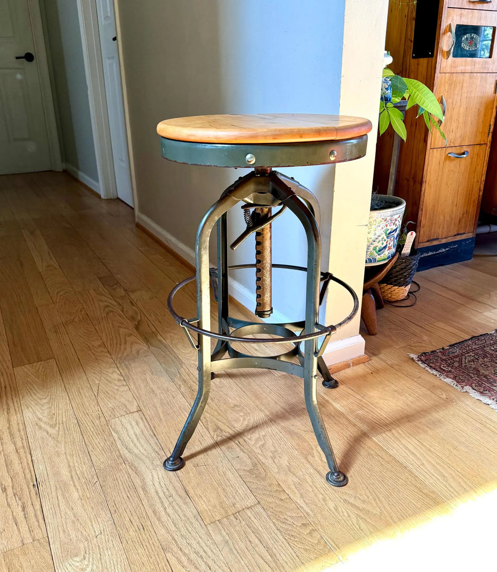 Industrial Toledo Metal Stool | Vintage Adjustable Metal Stool With Wood Top | Industrial Factory Stool | Green Metal Factory Stool