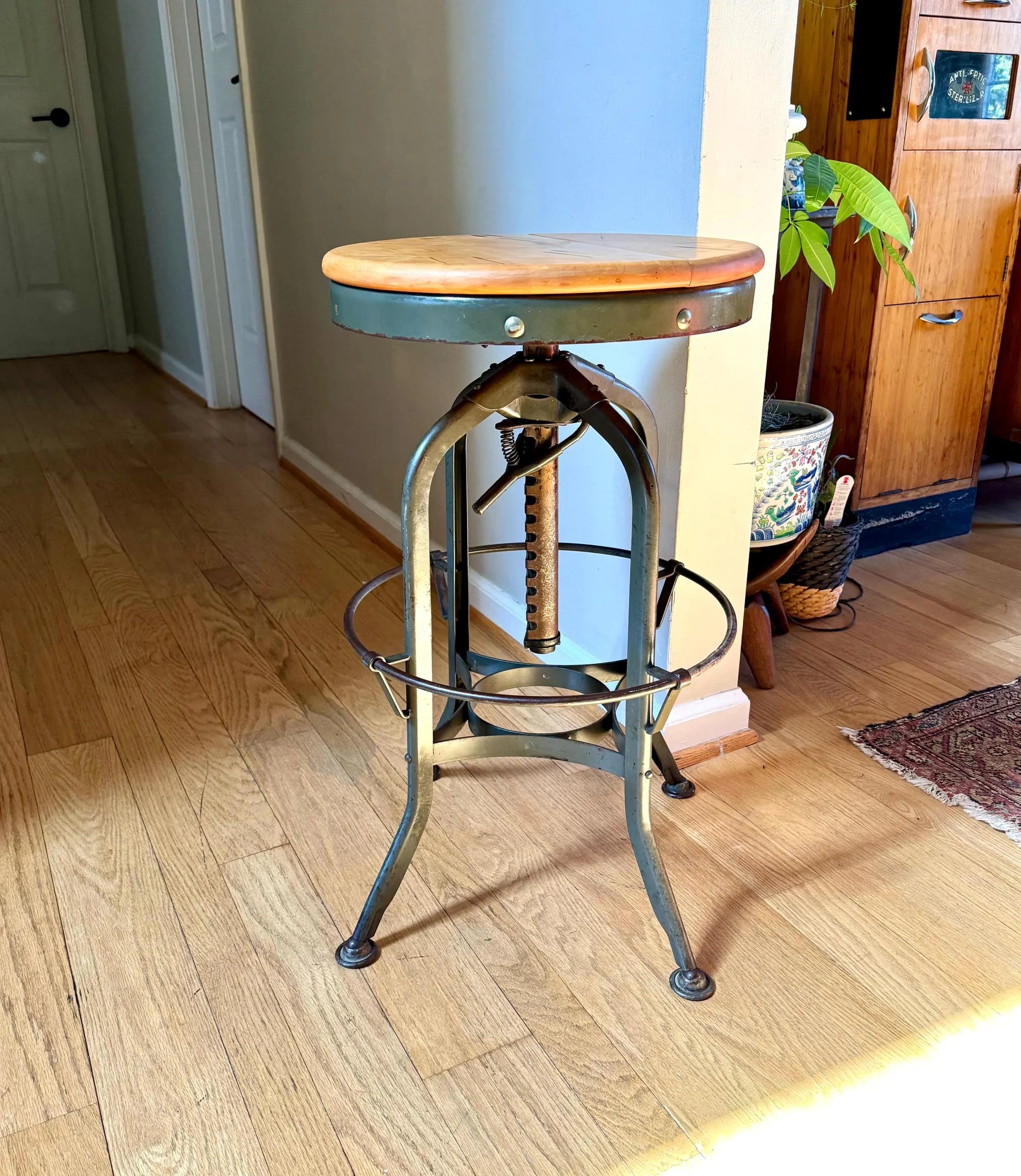 Industrial Toledo Metal Stool | Vintage Adjustable Metal Stool With Wood Top | Industrial Factory Stool | Green Metal Factory Stool