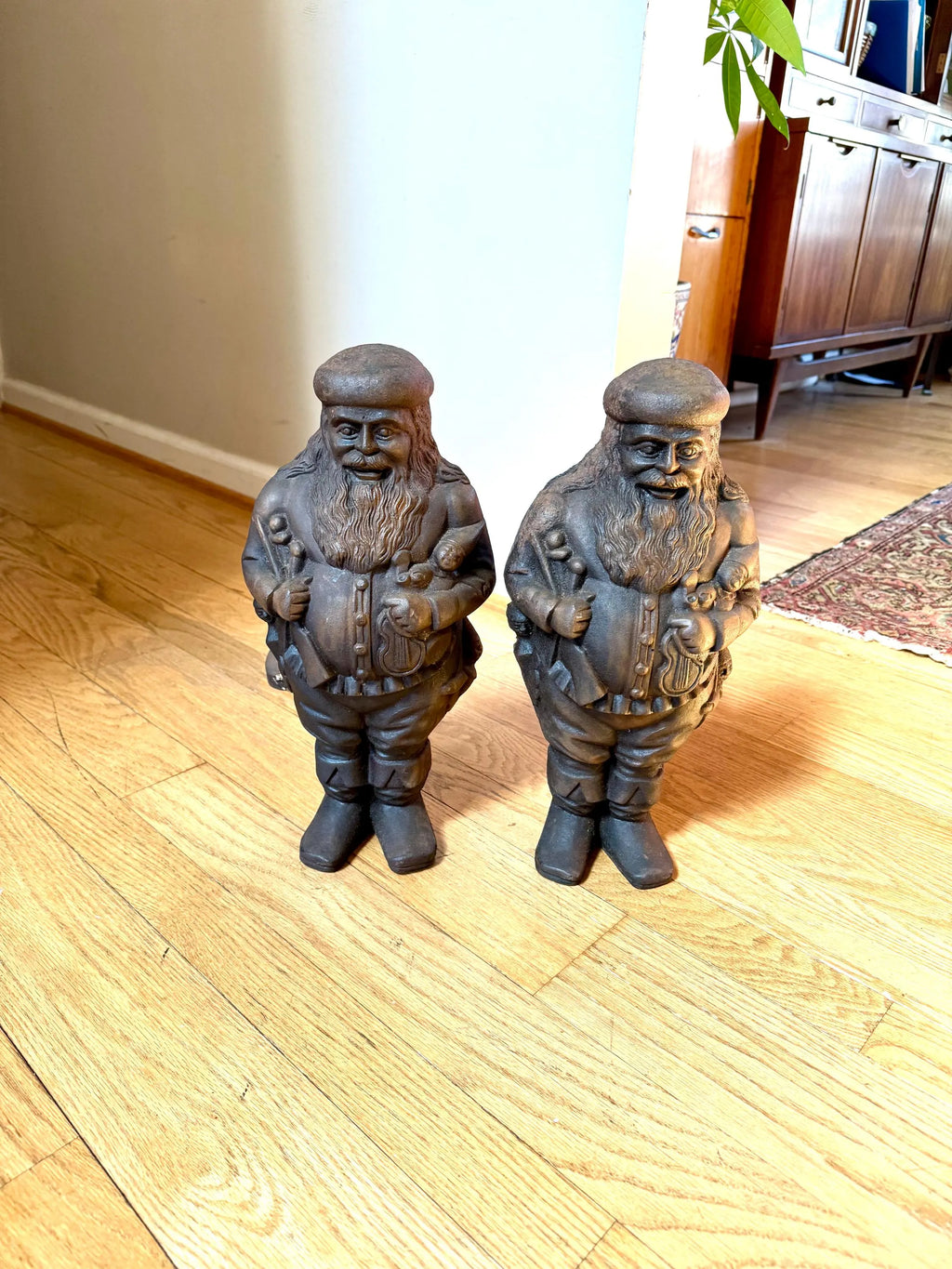 Antique Cast Iron Santa Clause Andirons | Vintage Cast Iron St. Nicholas Andirons | Rustic Cast Iron Christmas Andirons | Santa Claus Firedogs