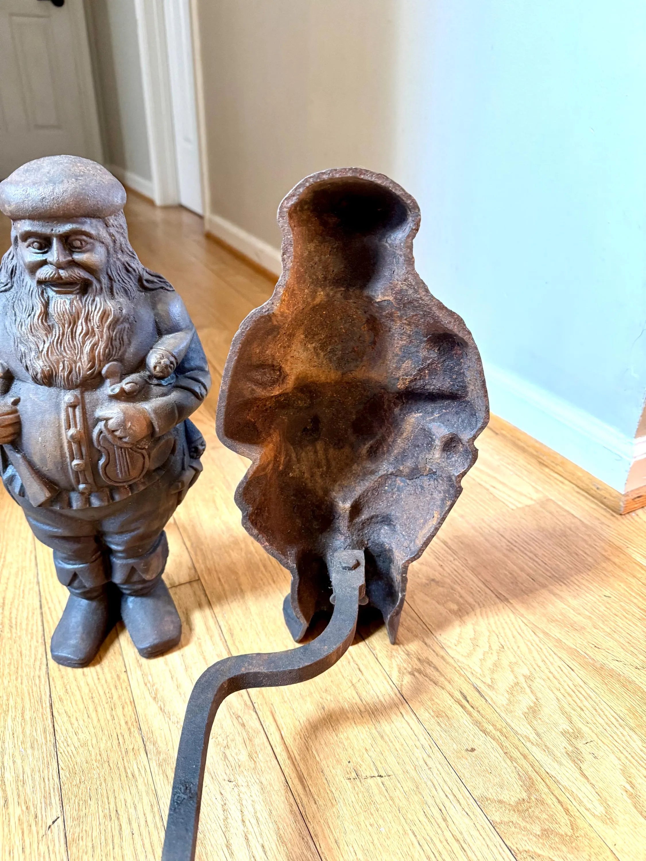 Antique Cast Iron Santa Clause Andirons | Vintage Cast Iron St. Nicholas Andirons | Rustic Cast Iron Christmas Andirons | Santa Claus Firedogs