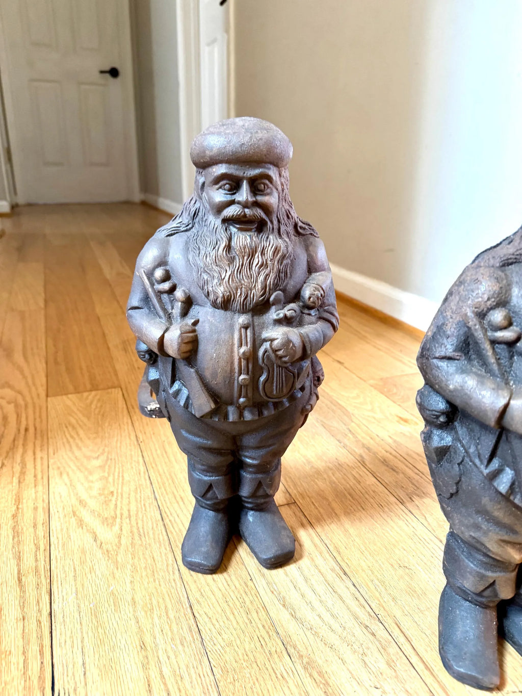 Antique Cast Iron Santa Clause Andirons | Vintage Cast Iron St. Nicholas Andirons | Rustic Cast Iron Christmas Andirons | Santa Claus Firedogs