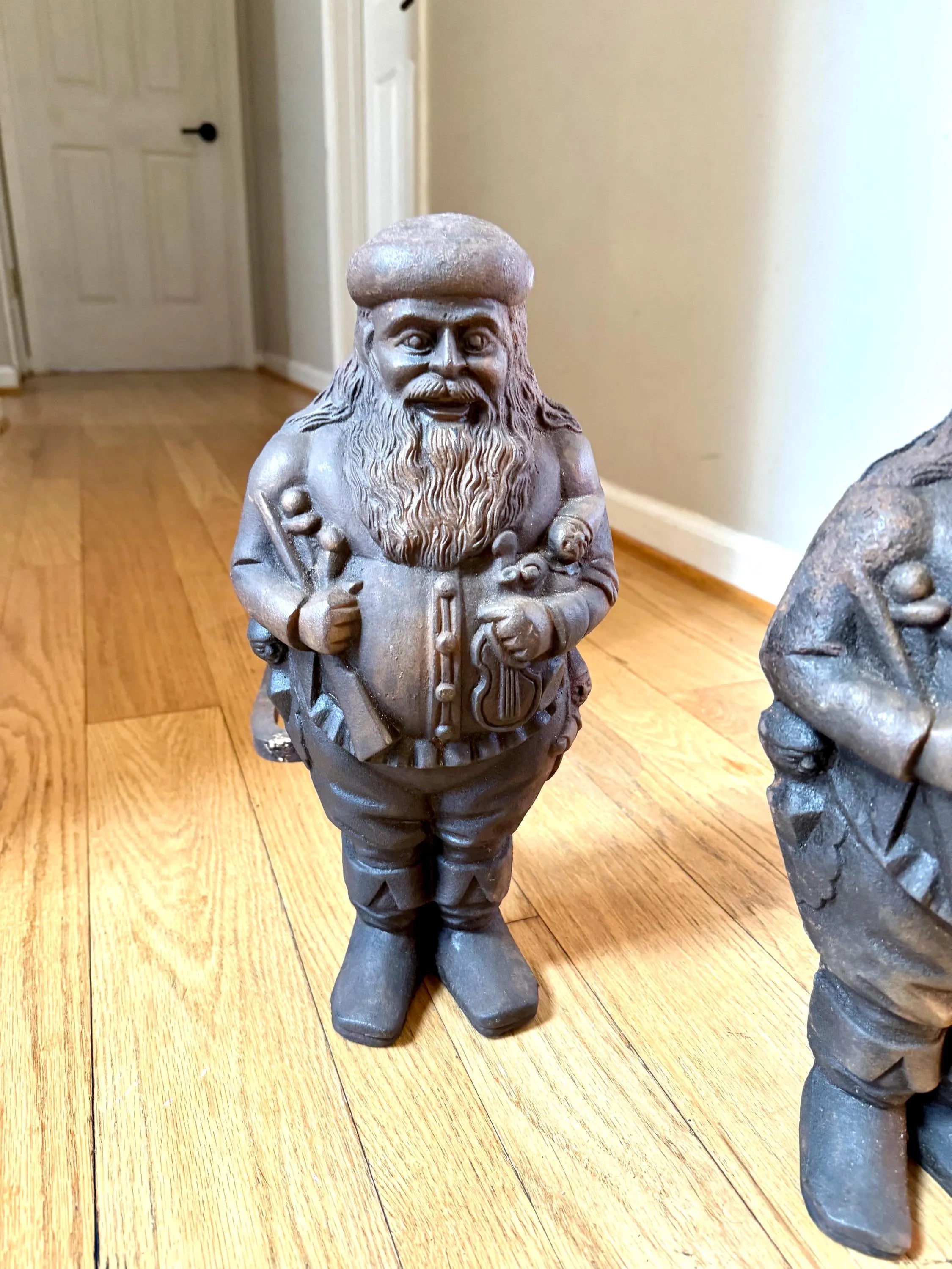Antique Cast Iron Santa Clause Andirons | Vintage Cast Iron St. Nicholas Andirons | Rustic Cast Iron Christmas Andirons | Santa Claus Firedogs