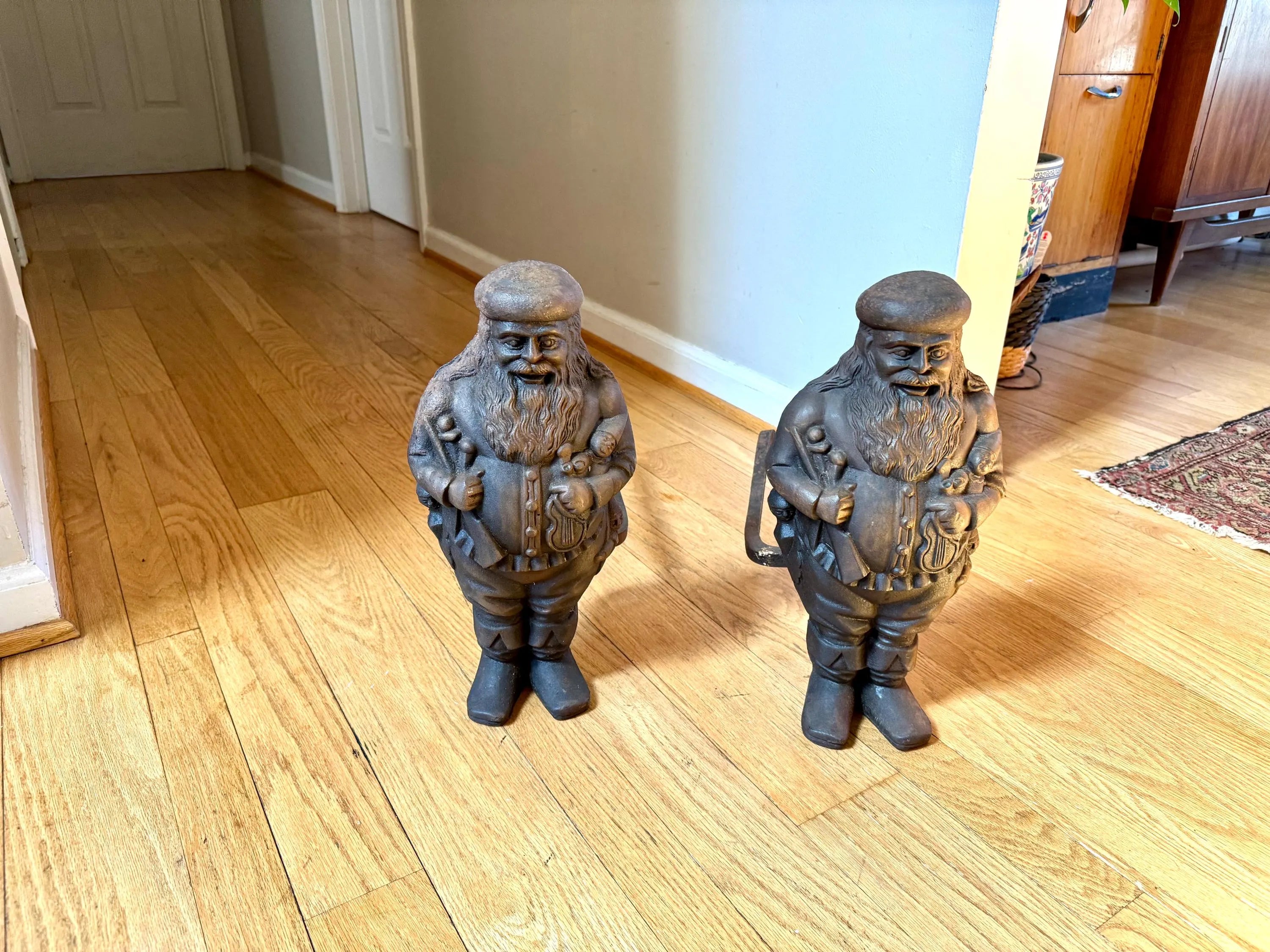 Antique Cast Iron Santa Clause Andirons | Vintage Cast Iron St. Nicholas Andirons | Rustic Cast Iron Christmas Andirons | Santa Claus Firedogs