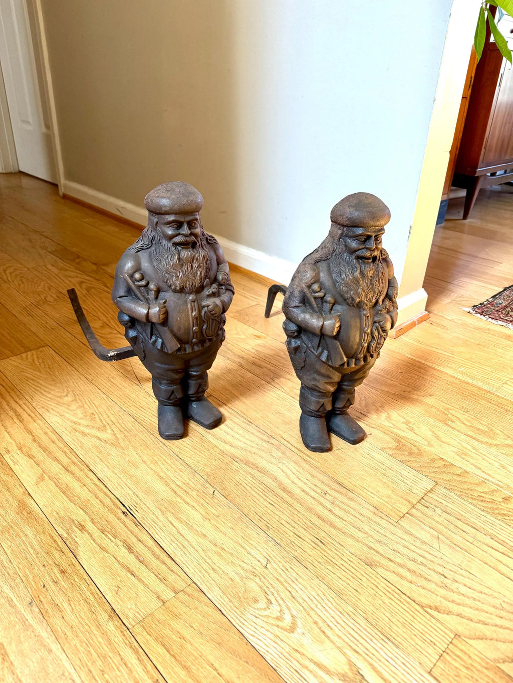 Antique Cast Iron Santa Clause Andirons | Vintage Cast Iron St. Nicholas Andirons | Rustic Cast Iron Christmas Andirons | Santa Claus Firedogs