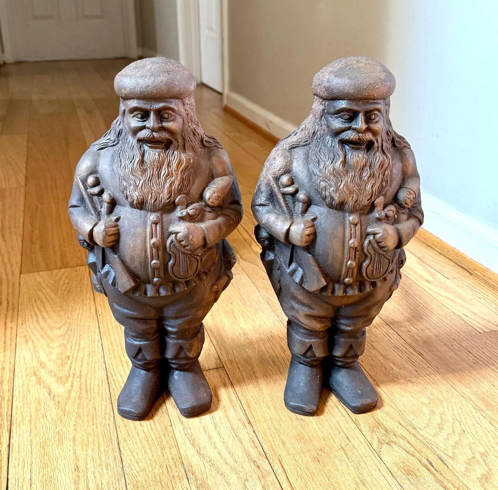 Antique Cast Iron Santa Clause Andirons | Vintage Cast Iron St. Nicholas Andirons | Rustic Cast Iron Christmas Andirons | Santa Claus Firedogs