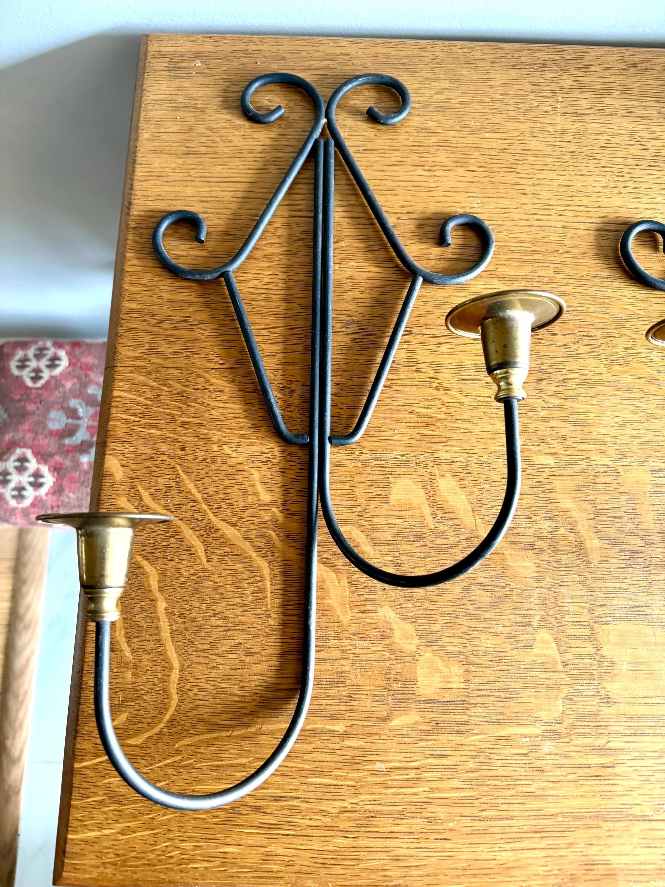 A Pair of MCM Wrought Iron Candle Wall Sconces | Brass and Wrought Iron Wall Sconces