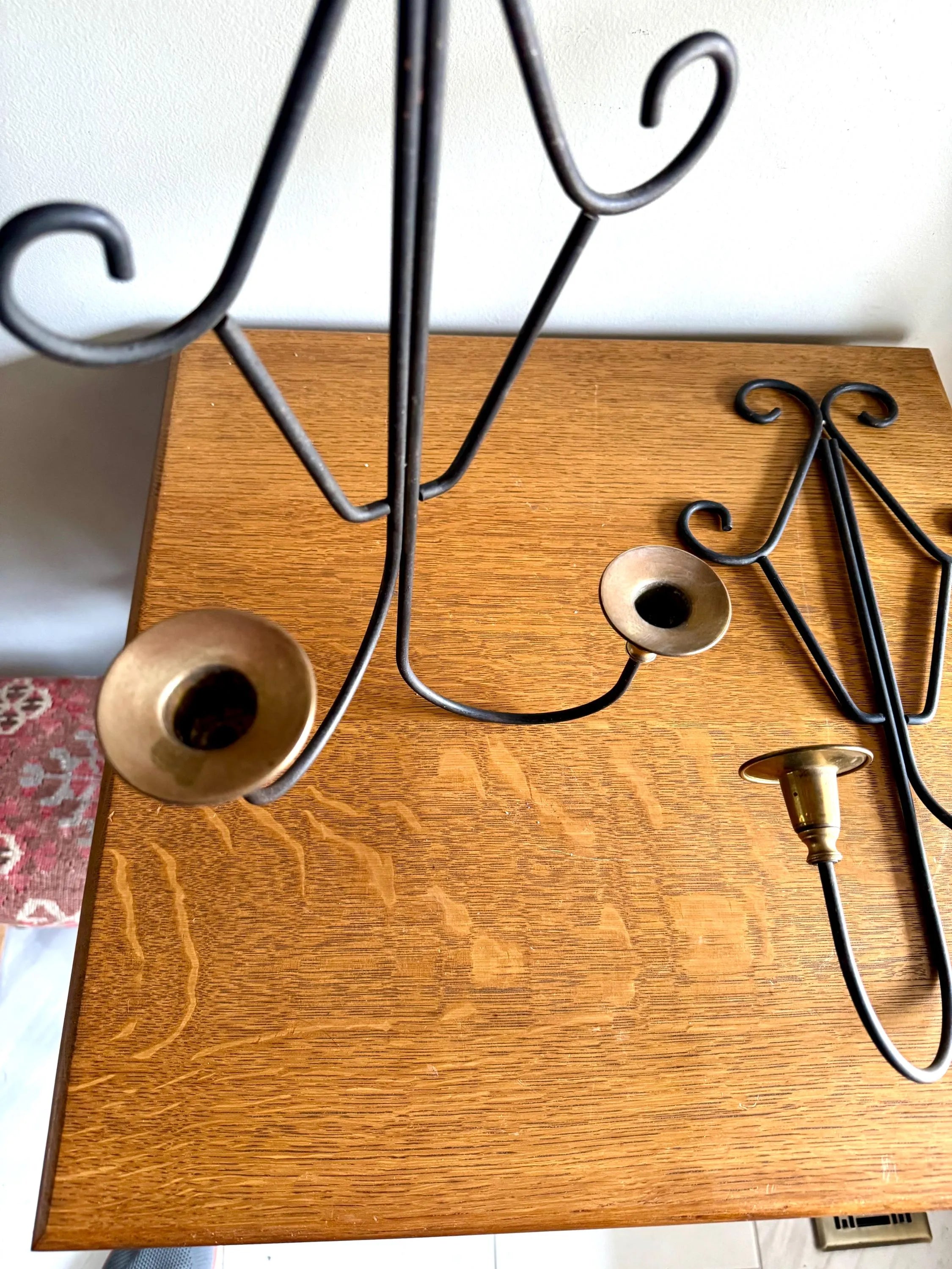 A Pair of MCM Wrought Iron Candle Wall Sconces | Brass and Wrought Iron Wall Sconces