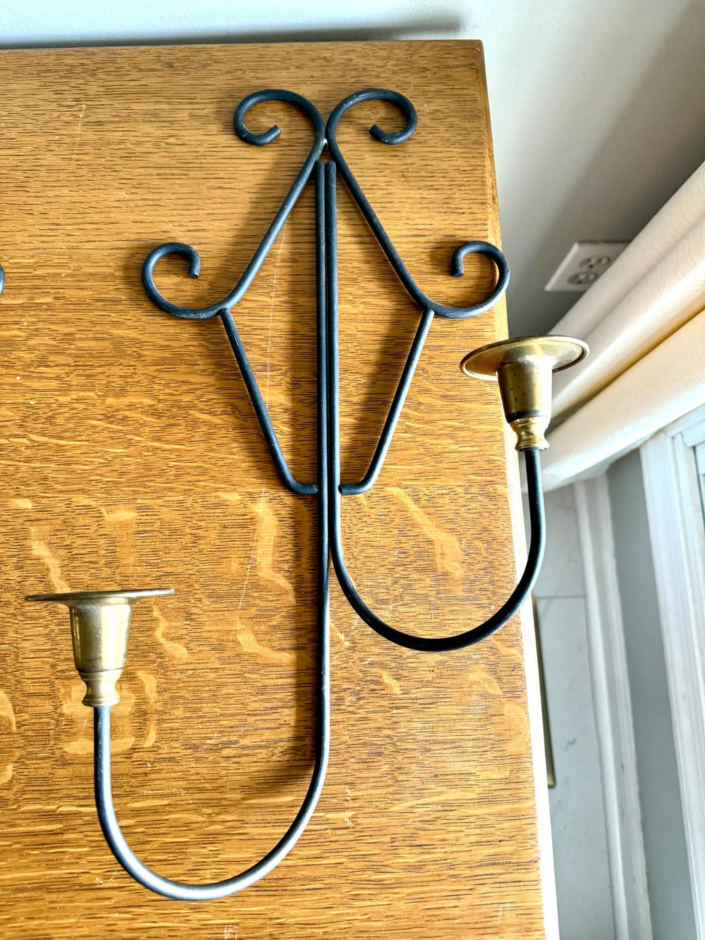 A Pair of MCM Wrought Iron Candle Wall Sconces | Brass and Wrought Iron Wall Sconces