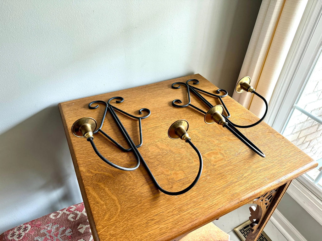 A Pair of MCM Wrought Iron Candle Wall Sconces | Brass and Wrought Iron Wall Sconces