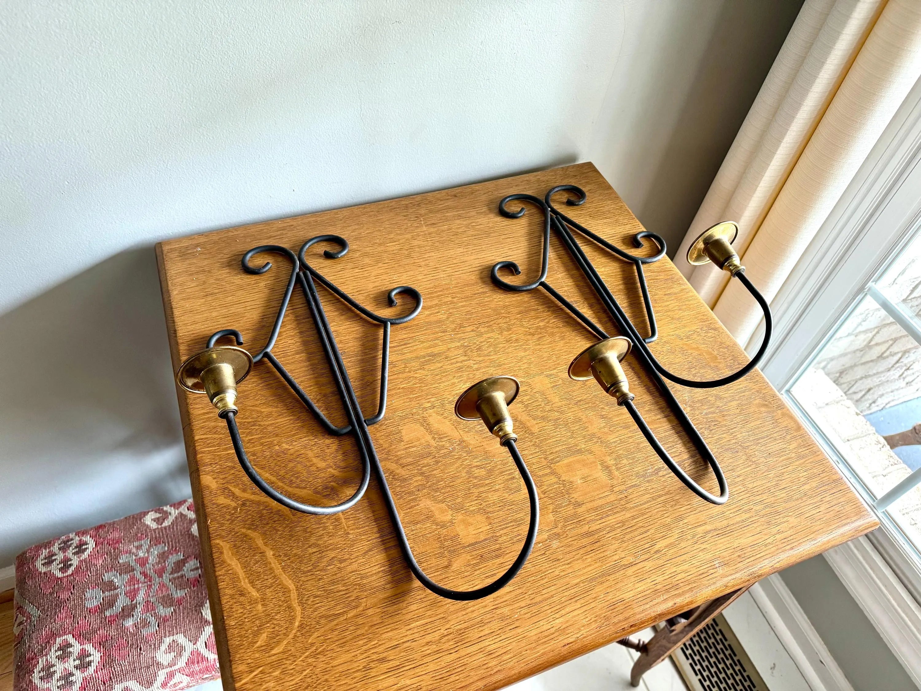 A Pair of MCM Wrought Iron Candle Wall Sconces | Brass and Wrought Iron Wall Sconces