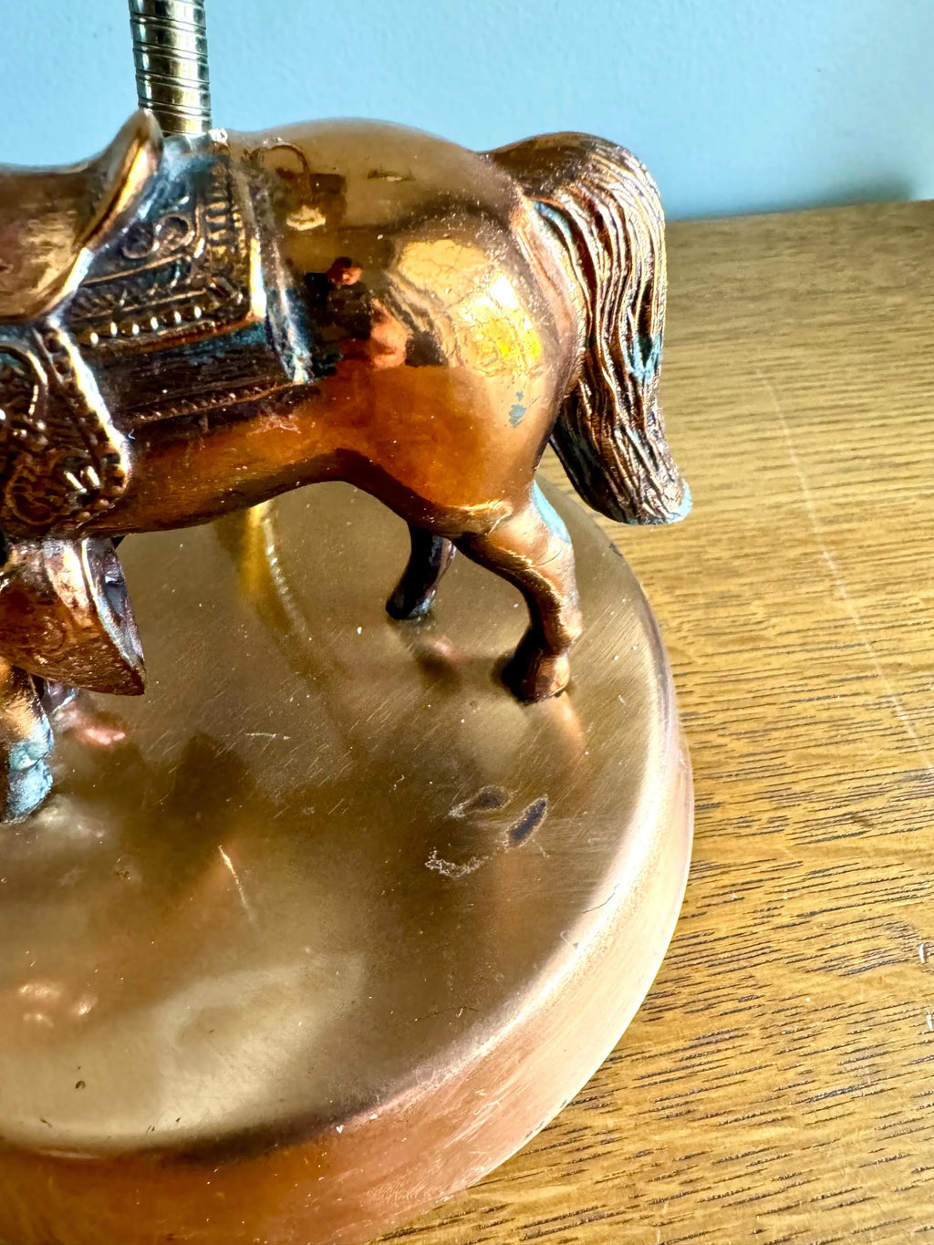 Vtg MCM Copper Horse Lamp | Equestrian Copper Gooseneck Lamp | Coned Shade Horse Lamp | Copper Horse MCM Table Gooseneck Lamp