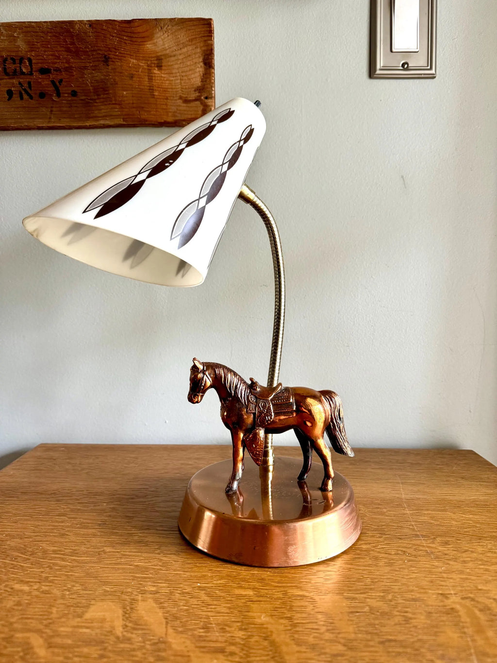 Vtg MCM Copper Horse Lamp | Equestrian Copper Gooseneck Lamp | Coned Shade Horse Lamp | Copper Horse MCM Table Gooseneck Lamp