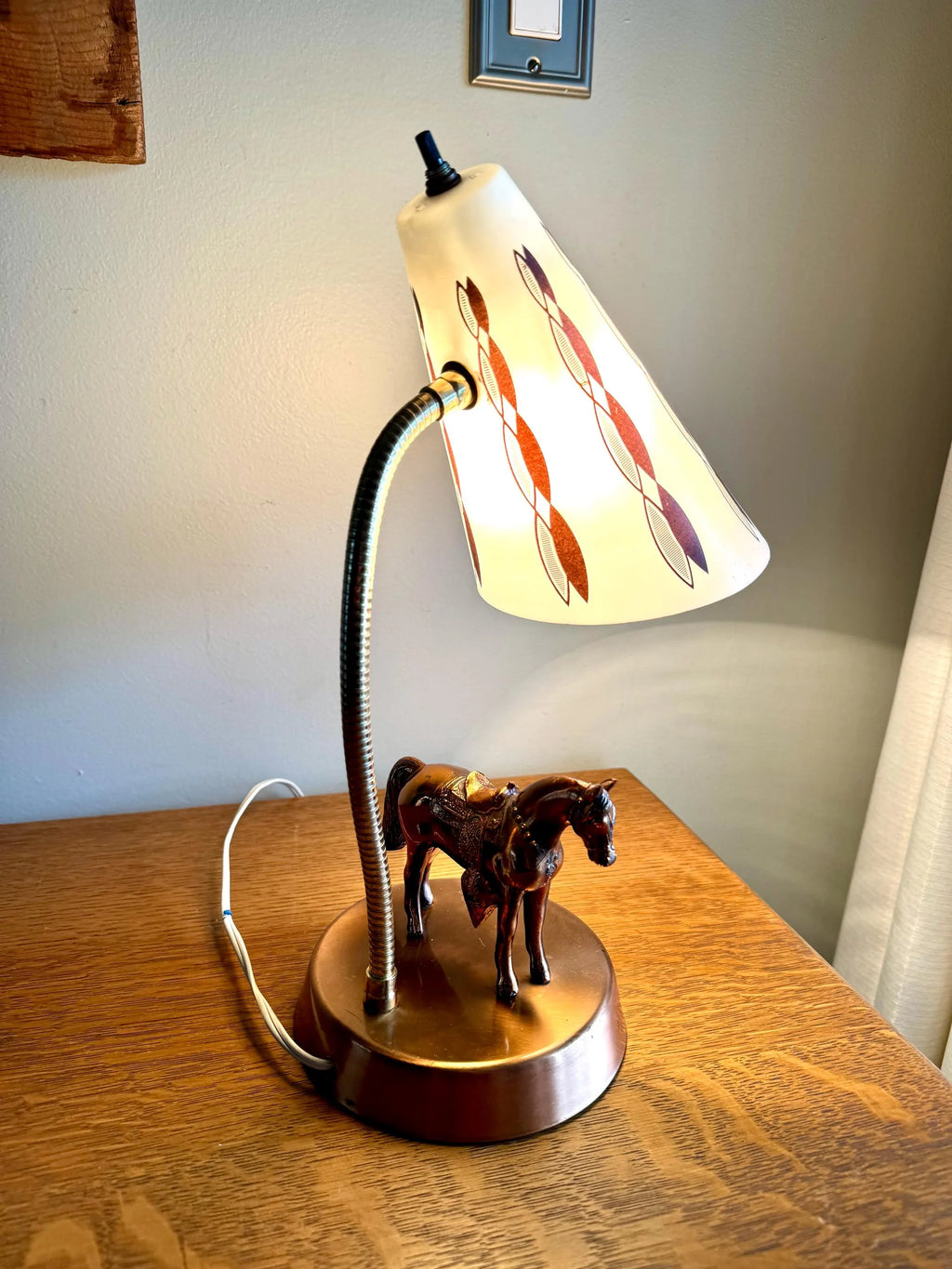 Vtg MCM Copper Horse Lamp | Equestrian Copper Gooseneck Lamp | Coned Shade Horse Lamp | Copper Horse MCM Table Gooseneck Lamp