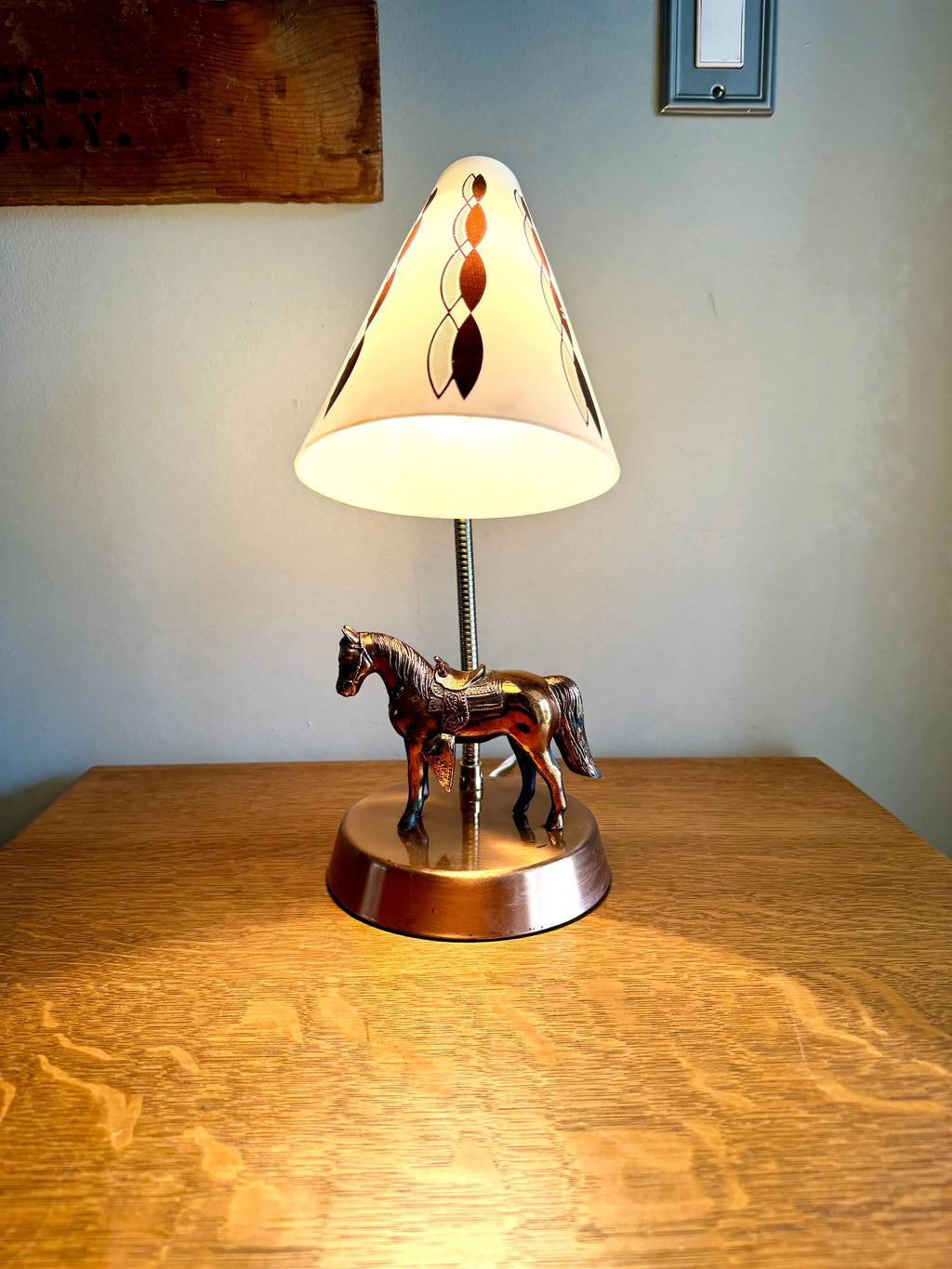 Vtg MCM Copper Horse Lamp | Equestrian Copper Gooseneck Lamp | Coned Shade Horse Lamp | Copper Horse MCM Table Gooseneck Lamp