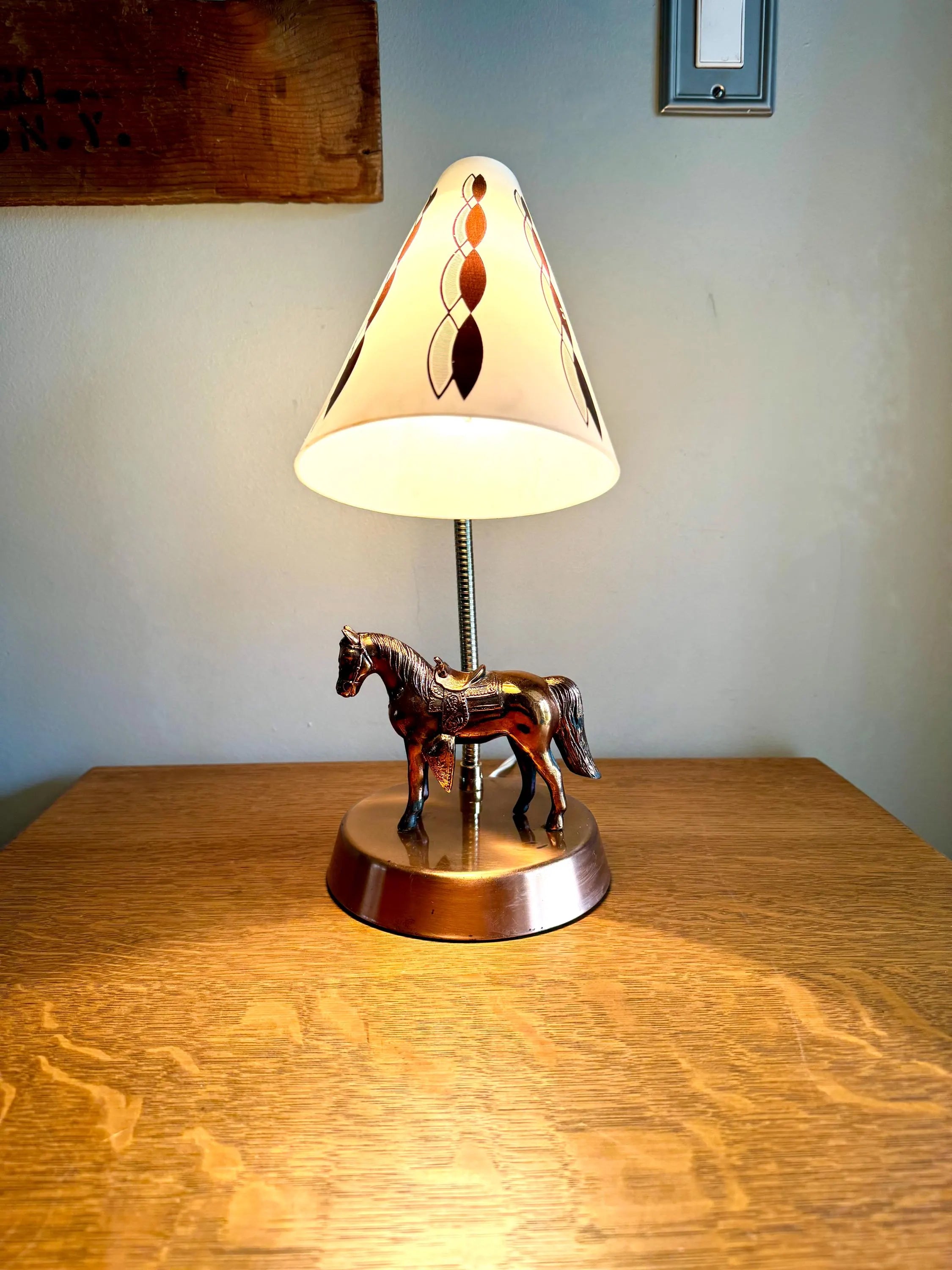 Vtg MCM Copper Horse Lamp | Equestrian Copper Gooseneck Lamp | Coned Shade Horse Lamp | Copper Horse MCM Table Gooseneck Lamp