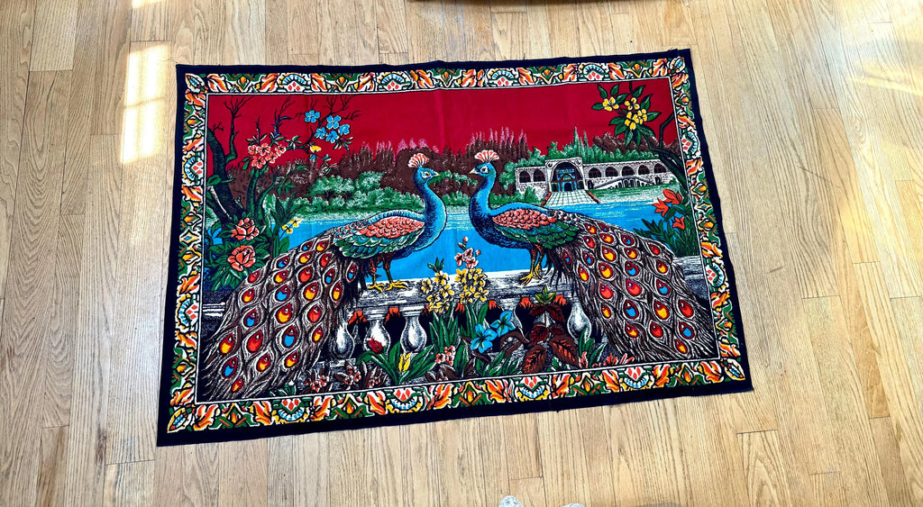 Vtg Peacock Tapestry | Twin Peacocks in the Palace Tapestry | Velvet Peacock Illustrated Wall Hanging | Turkish Peacock Wall Tapestry