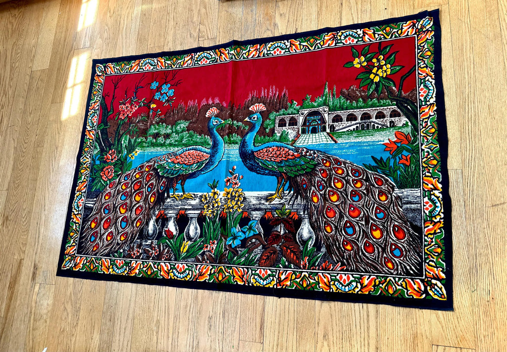 Vtg Peacock Tapestry | Twin Peacocks in the Palace Tapestry | Velvet Peacock Illustrated Wall Hanging | Turkish Peacock Wall Tapestry