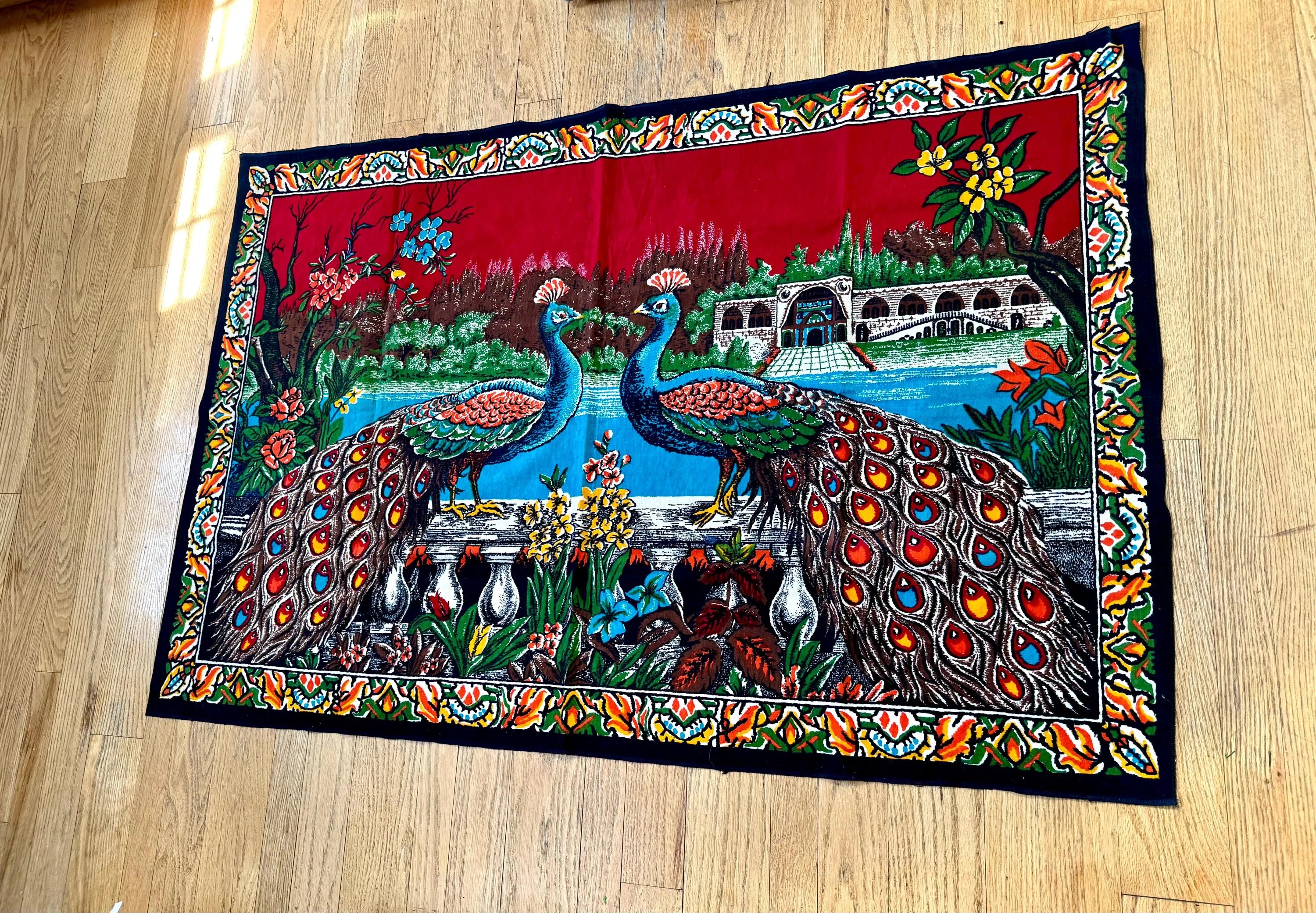 Vtg Peacock Tapestry | Twin Peacocks in the Palace Tapestry | Velvet Peacock Illustrated Wall Hanging | Turkish Peacock Wall Tapestry