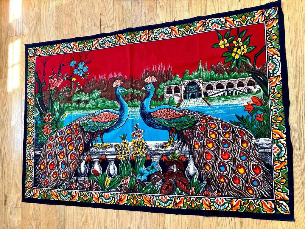 Vtg Peacock Tapestry | Twin Peacocks in the Palace Tapestry | Velvet Peacock Illustrated Wall Hanging | Turkish Peacock Wall Tapestry