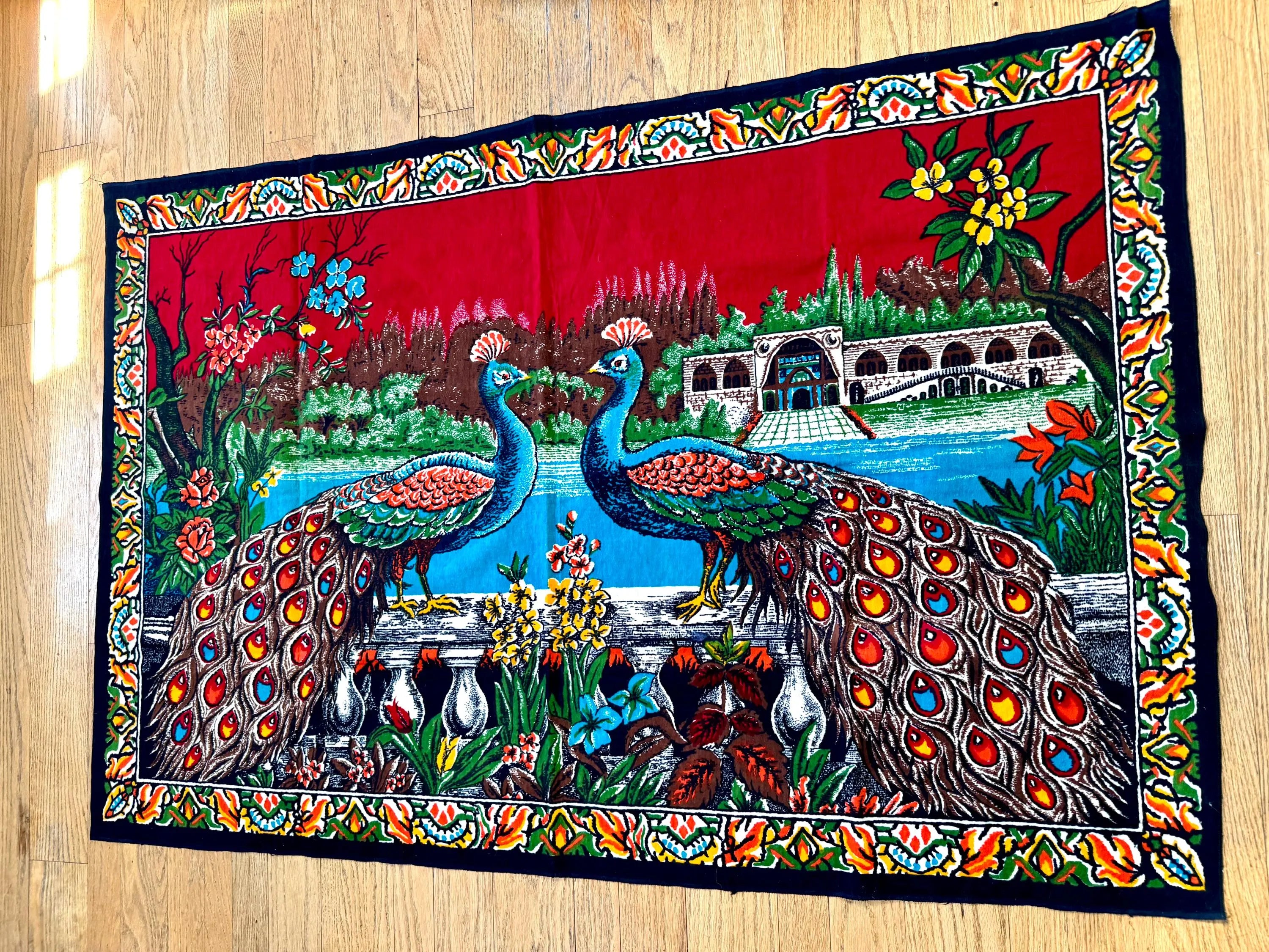 Vtg Peacock Tapestry | Twin Peacocks in the Palace Tapestry | Velvet Peacock Illustrated Wall Hanging | Turkish Peacock Wall Tapestry