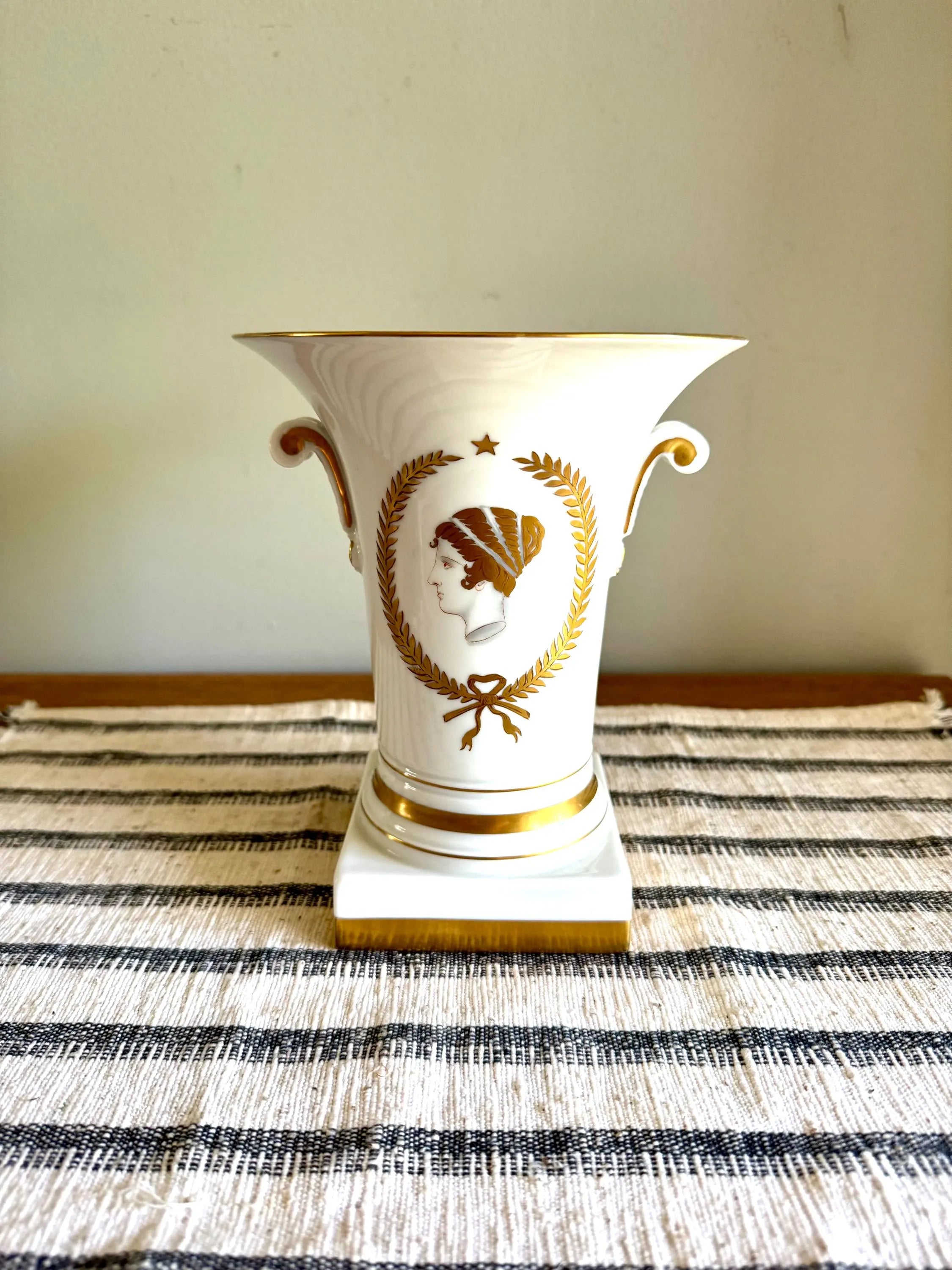 Vtg Vista Alegre Portugal Porcelain Vase| Portuguese Porcelain Urn with Neoclassical Motif| Roman Greek Goddess Gilded Vase (Small Chip)